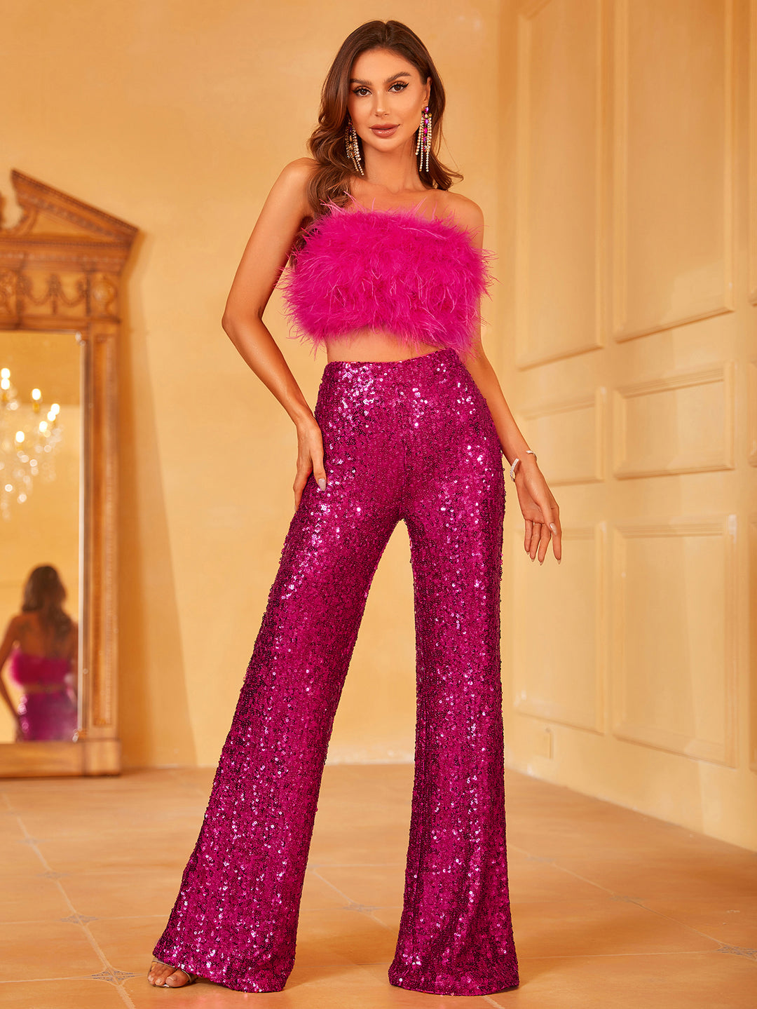 Feather Tube Top & Sequin Wide Leg Pants