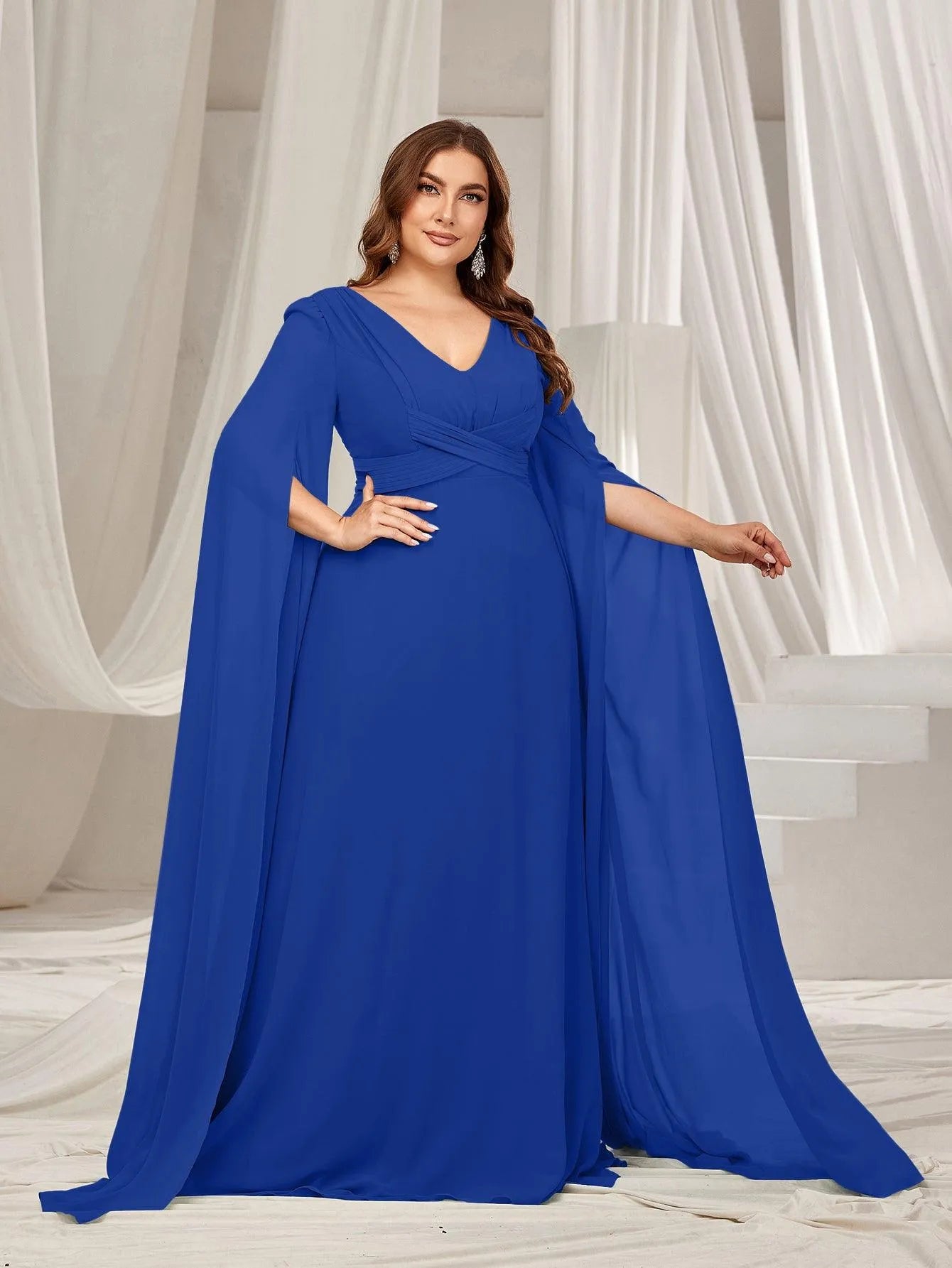 Plus Solid Ruched Front Extra-Long Sleeves Chiffon Prom Dress