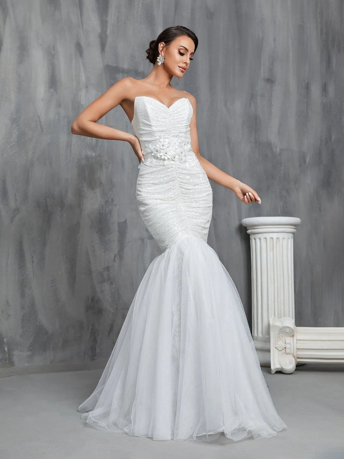 Ruched Front Mermaid Hem Sequin Tube Wedding Dresses