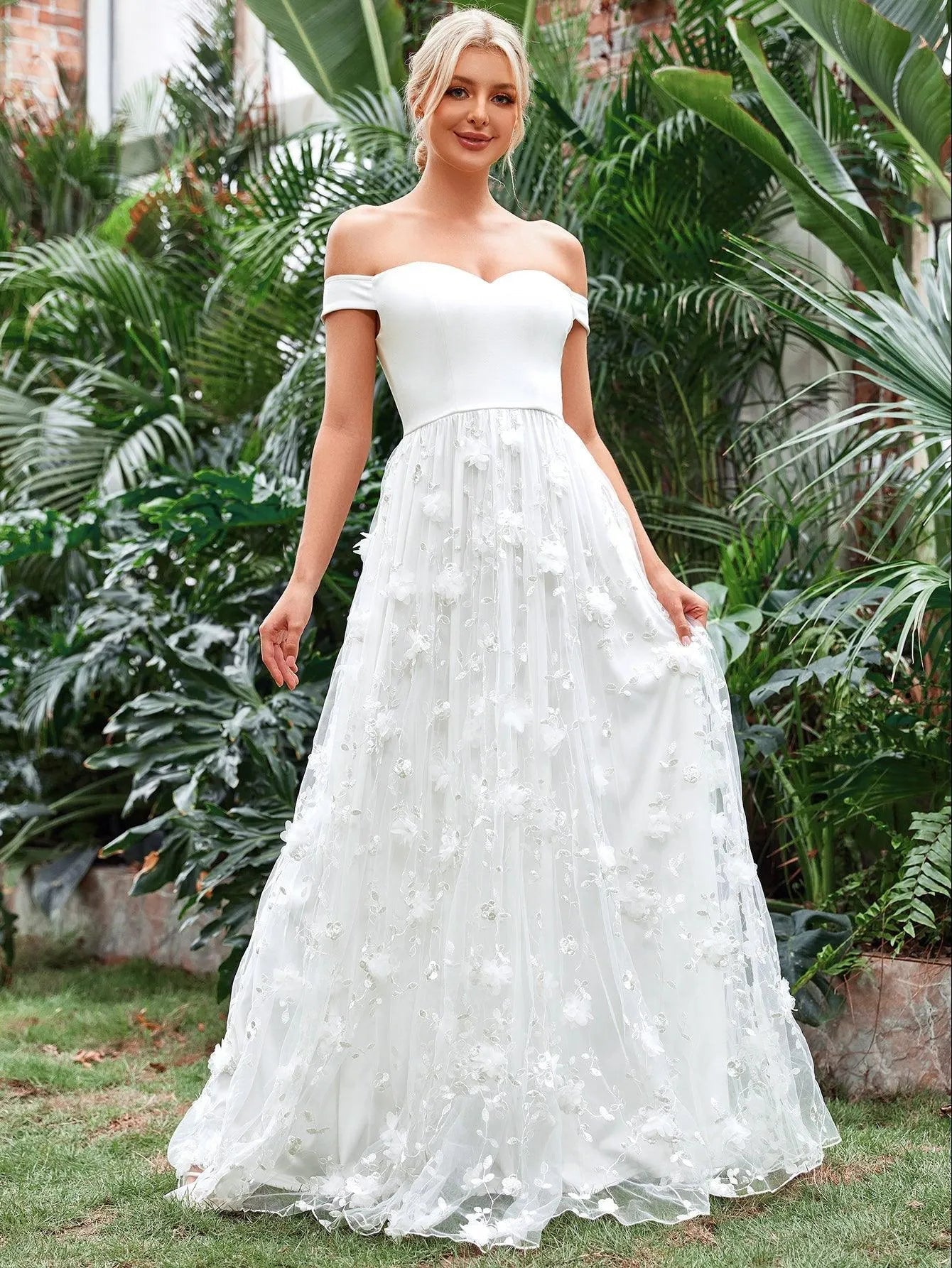 Off Shoulder Floral Applique Mesh Wedding Dress