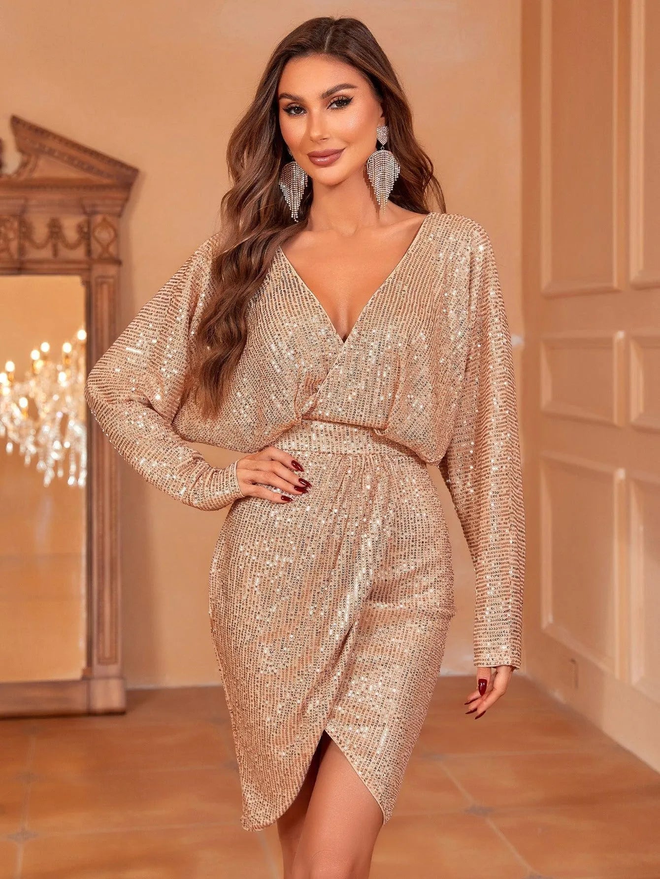 Surplice Neck Dolman Sleeves Sequin Party Dress