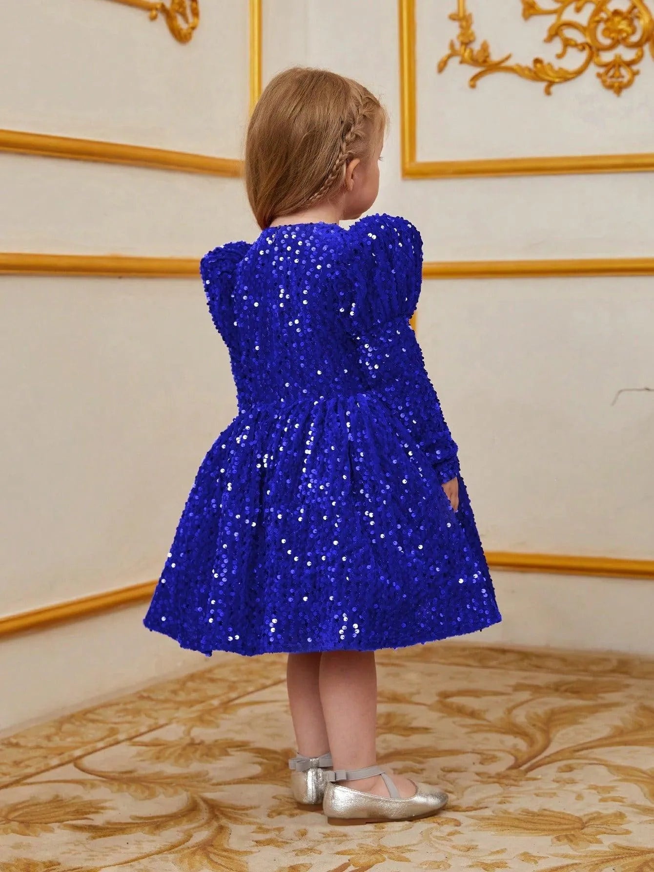 Young Girls' Gigot Sleeve Bow Decor Sequin Midi Dress