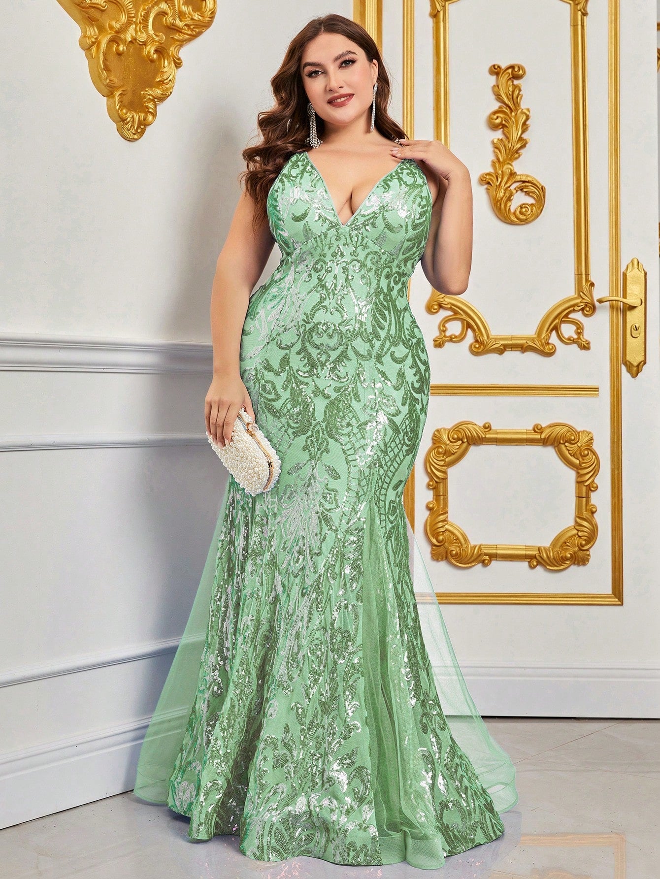 Plus Size Back Lace Up Sequin Mermaid Dress