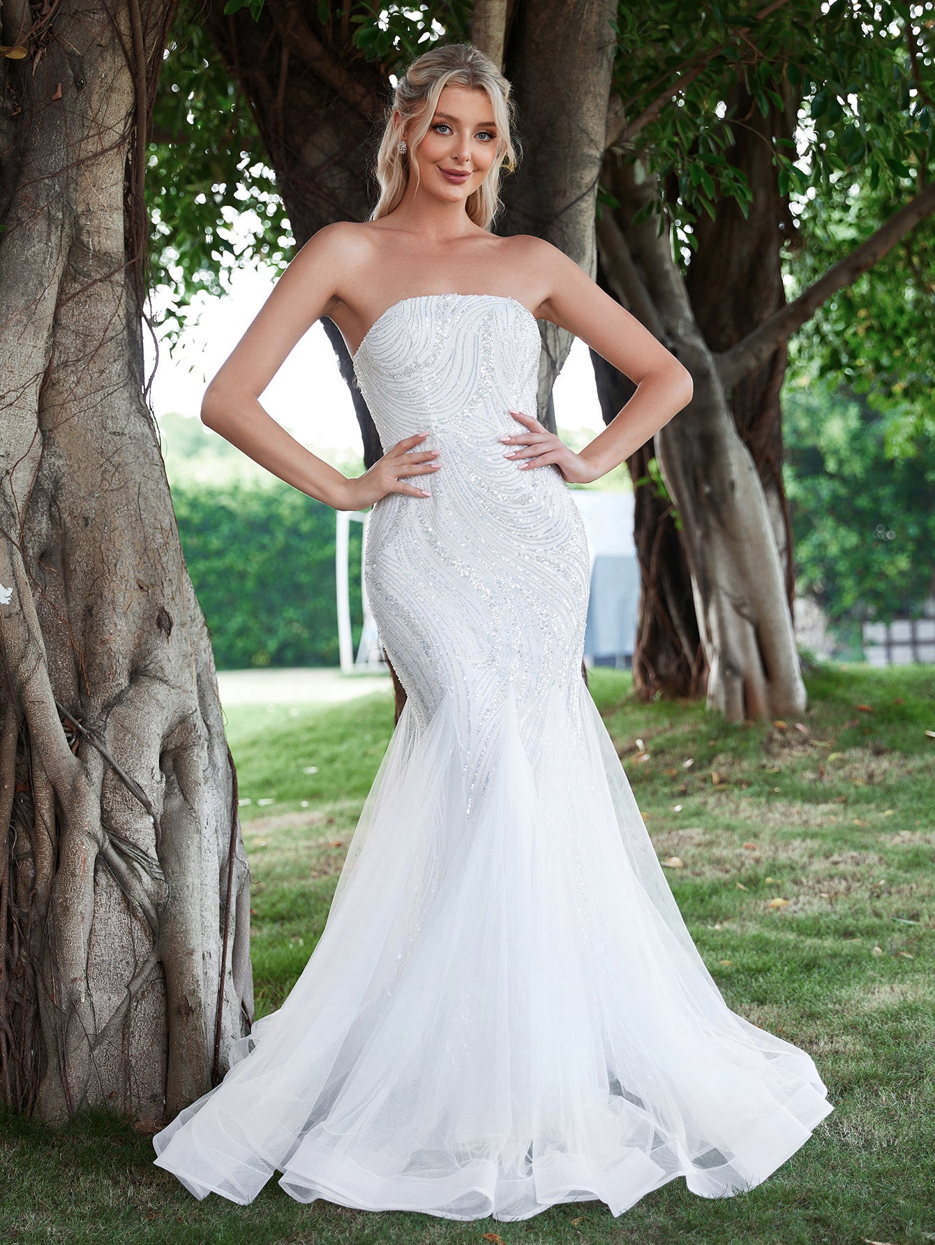 Elegant Mesh Insert Mermaid Hem Sequin Tube Wedding Dresses