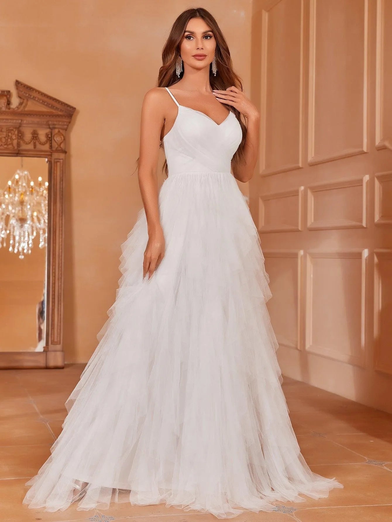 Elegant V Neck Mesh Overlay Cami Wedding Dress