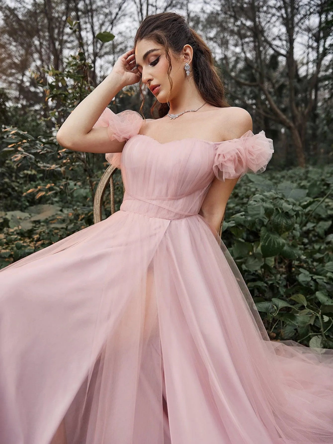 Elegant Off Shoulder Ruched Bust Split Thigh Tulle Evening Dress