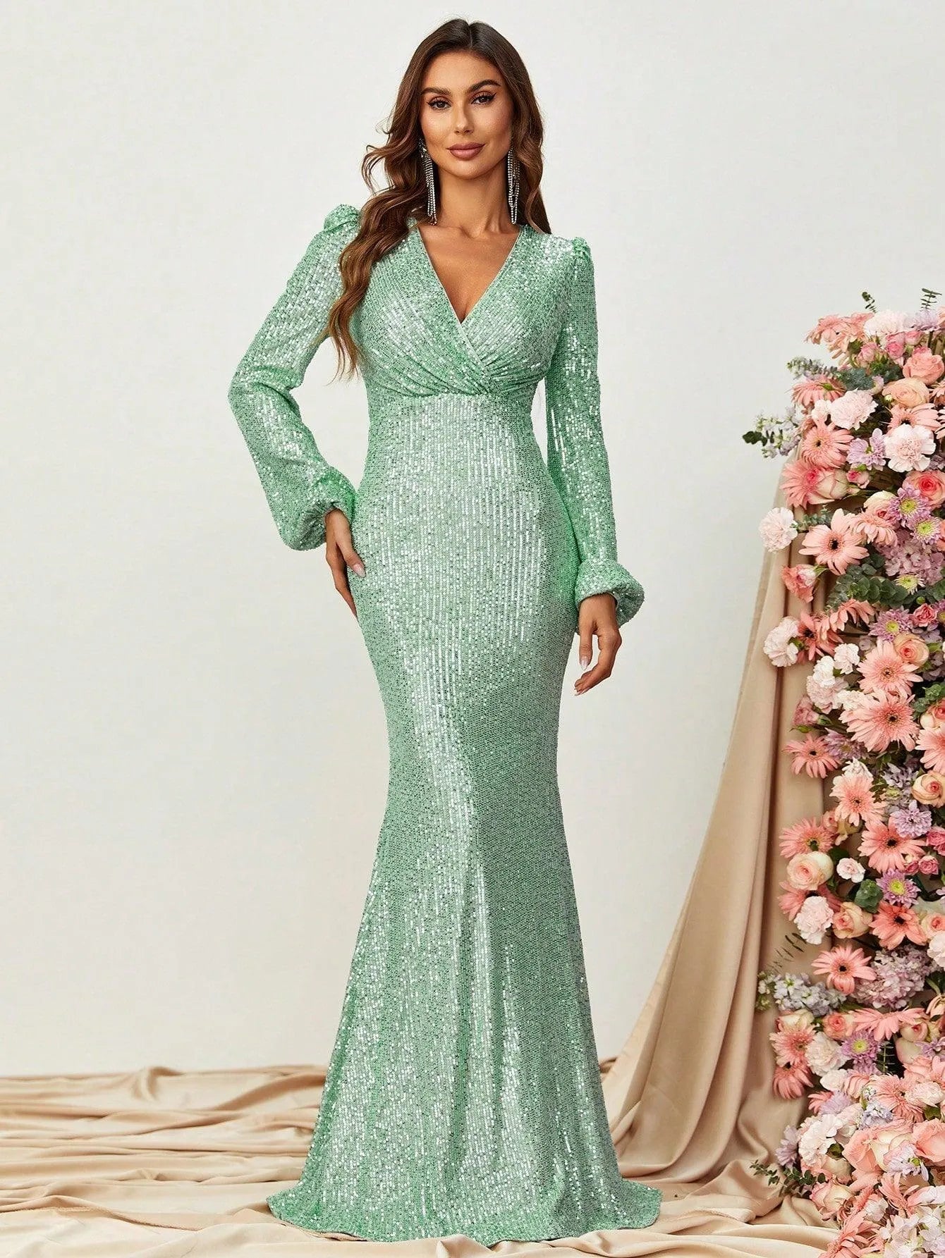 Surplice Neck Lantern Sleeves Sequin Mermaid Dress