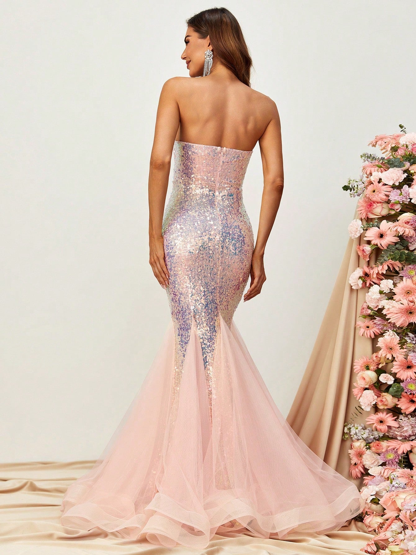 Tube Sleeveless Mesh Insert Sequin Mermaid Dress