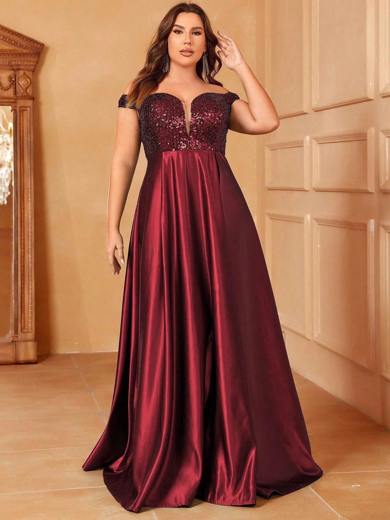 Plus Sweetheart Neckline Contrast Sequin Satin Prom Dress