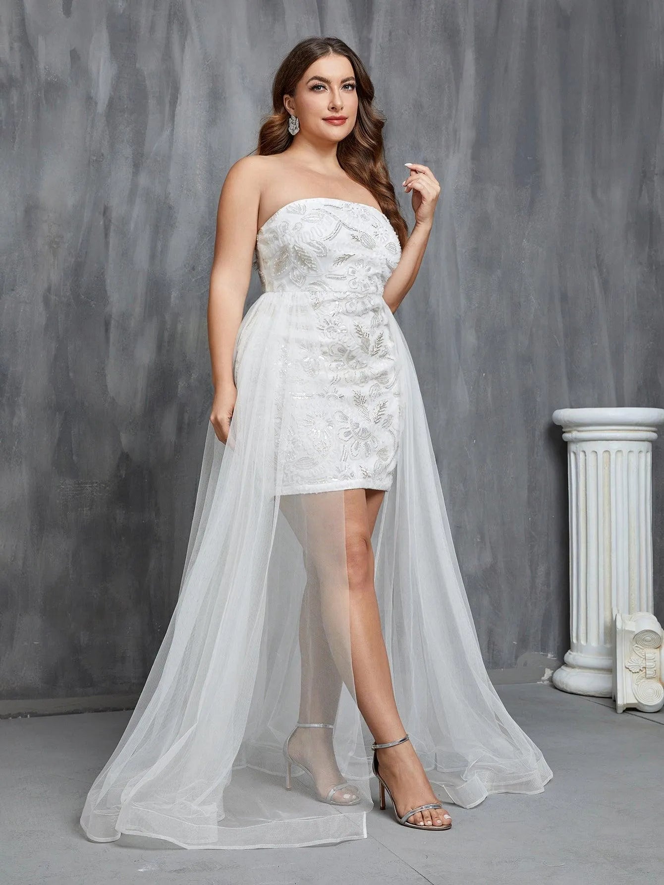 Plus Mesh Overlay Sequin Tube Wedding Dress