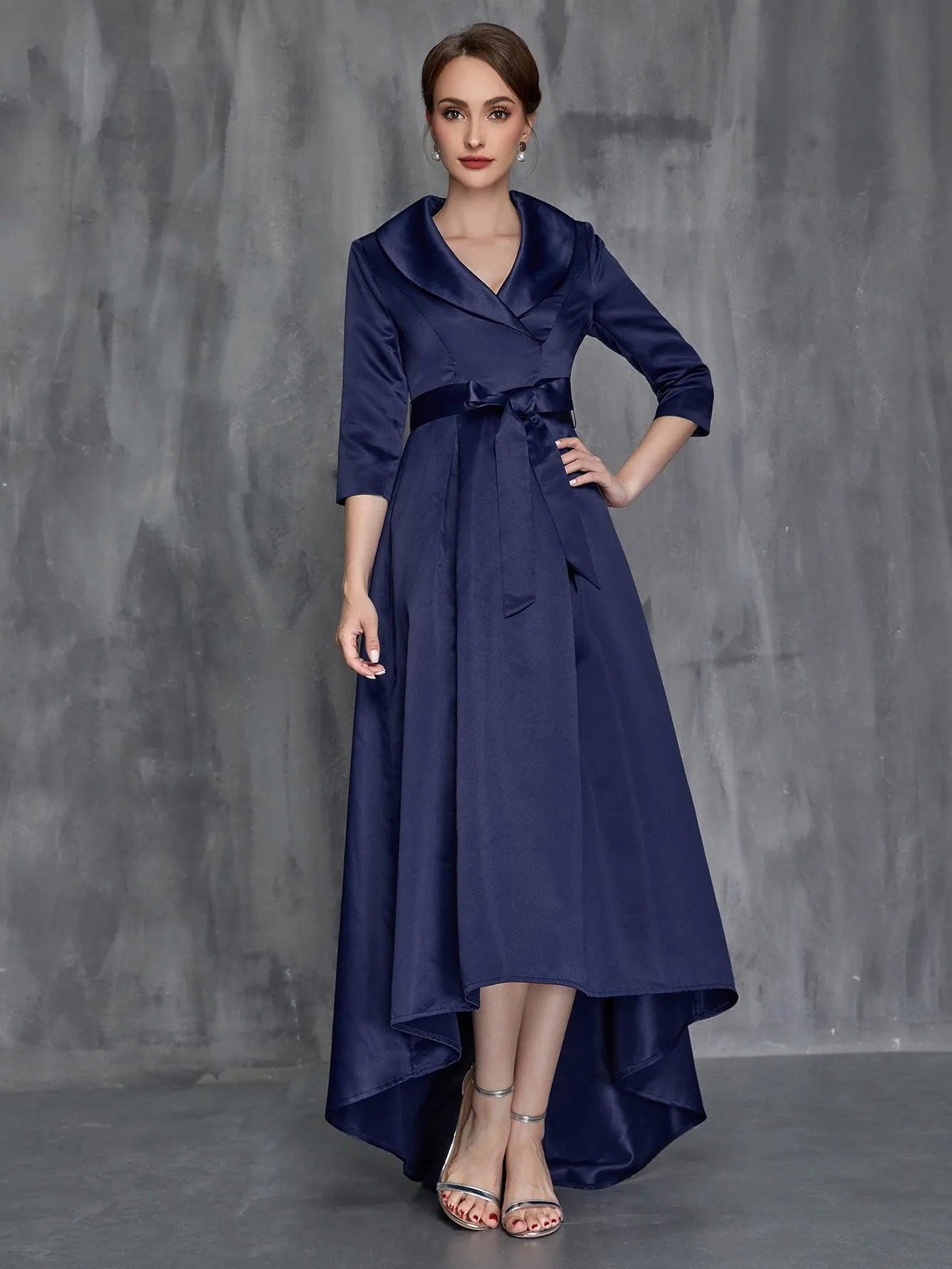 Womens' Shawl Collar High Low Hem Satin Belted Dress