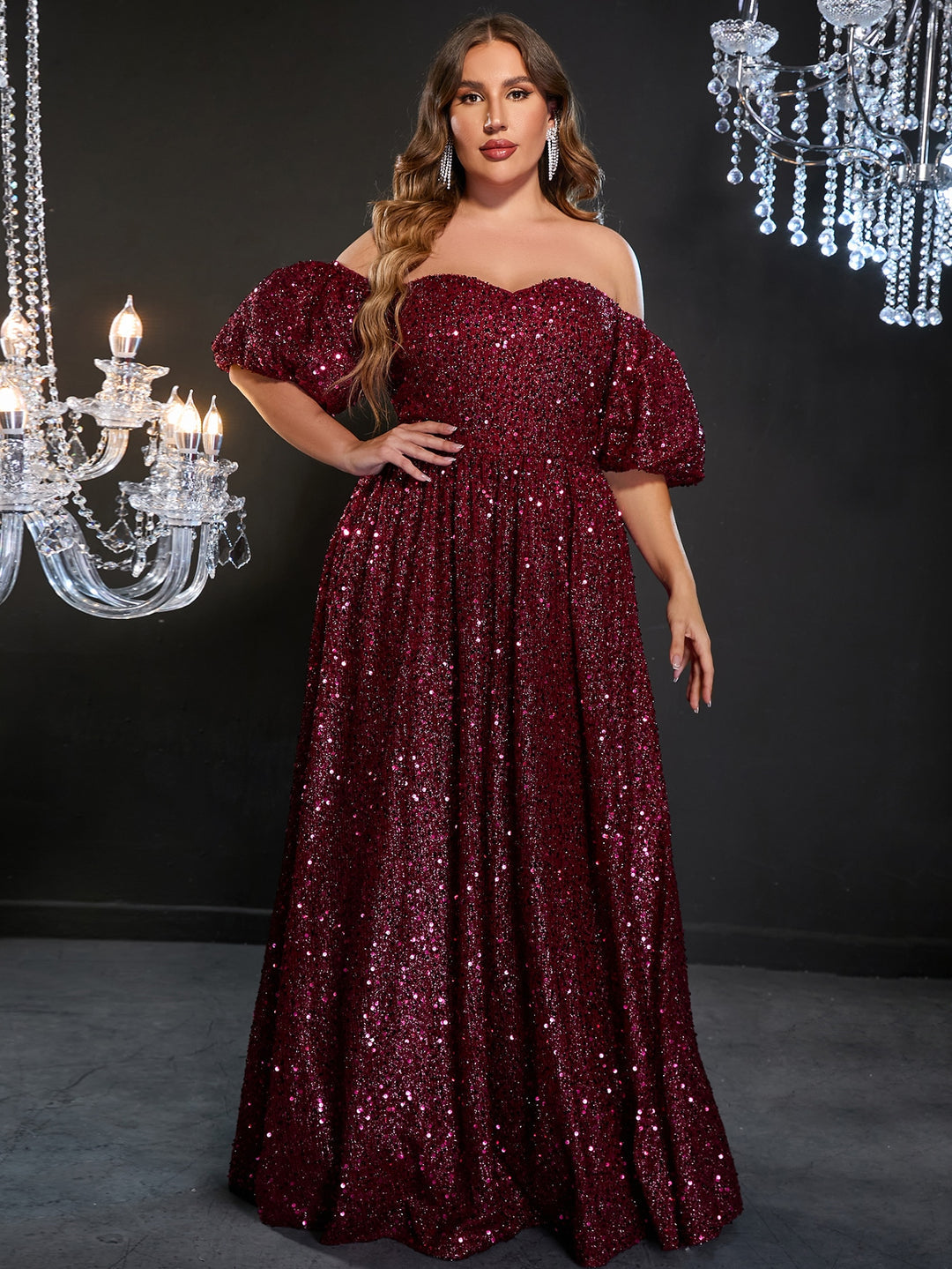 Plus Elegant Off Shoulder Short Sleeve Sequin A Line Dresses