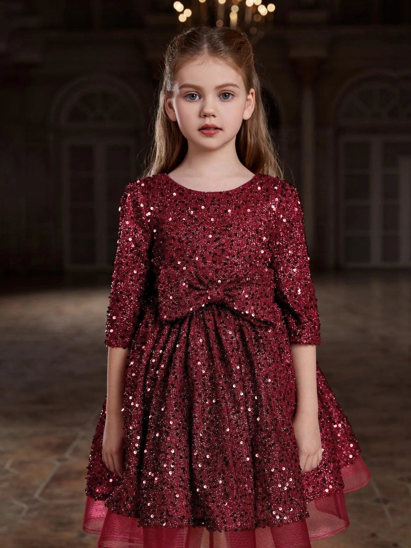 Tween Girls' Bow Detail 3/4 Sleeve Sequin Party Dress