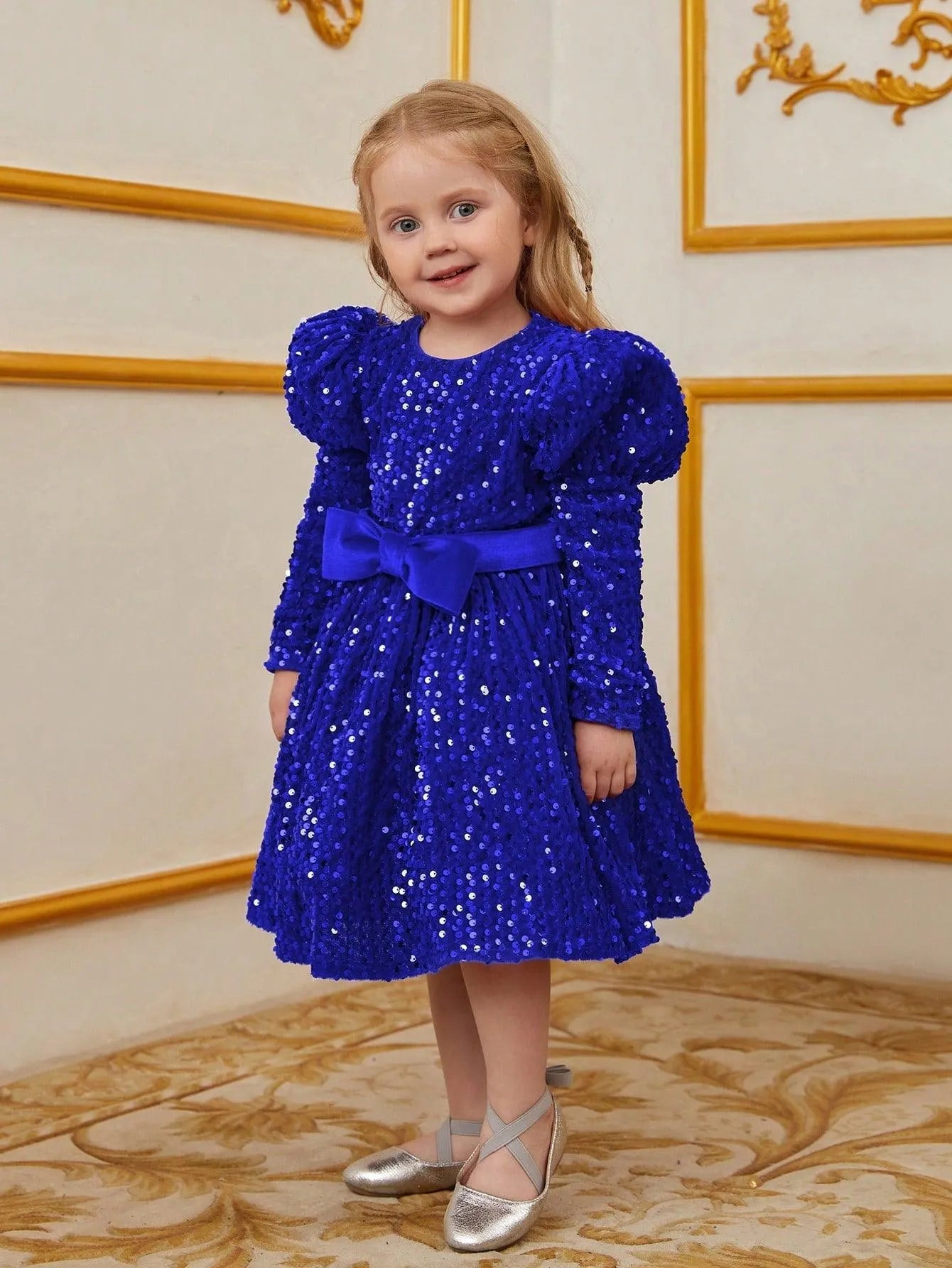 Young Girls' Gigot Sleeve Bow Decor Sequin Midi Dress