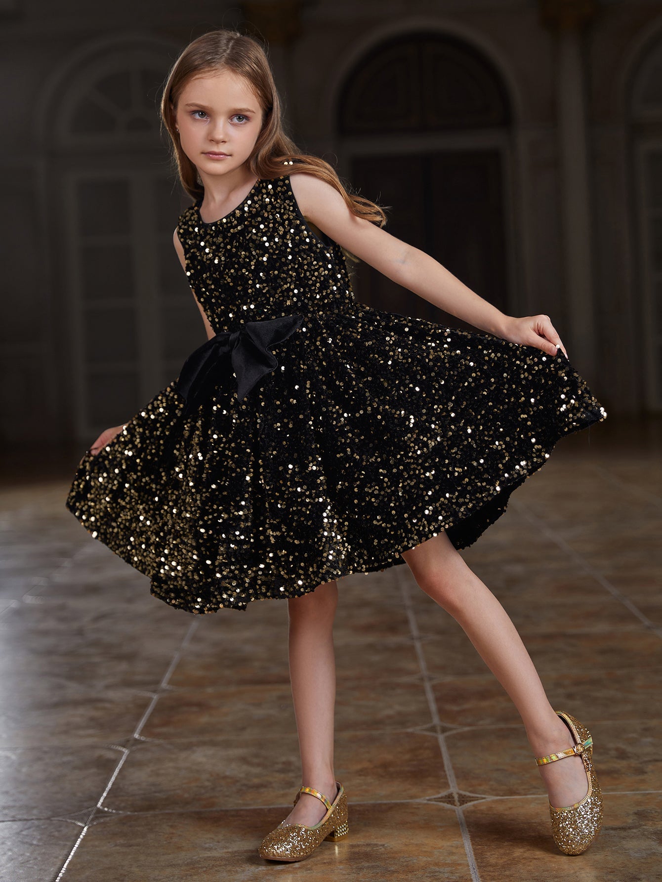 Girl's Cute Sleeveless Bow Front Sequin A Line Dress