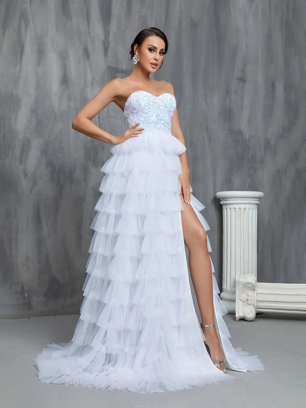 Sequin Bodice Contrast Cascading Ruffle Wedding Dresses