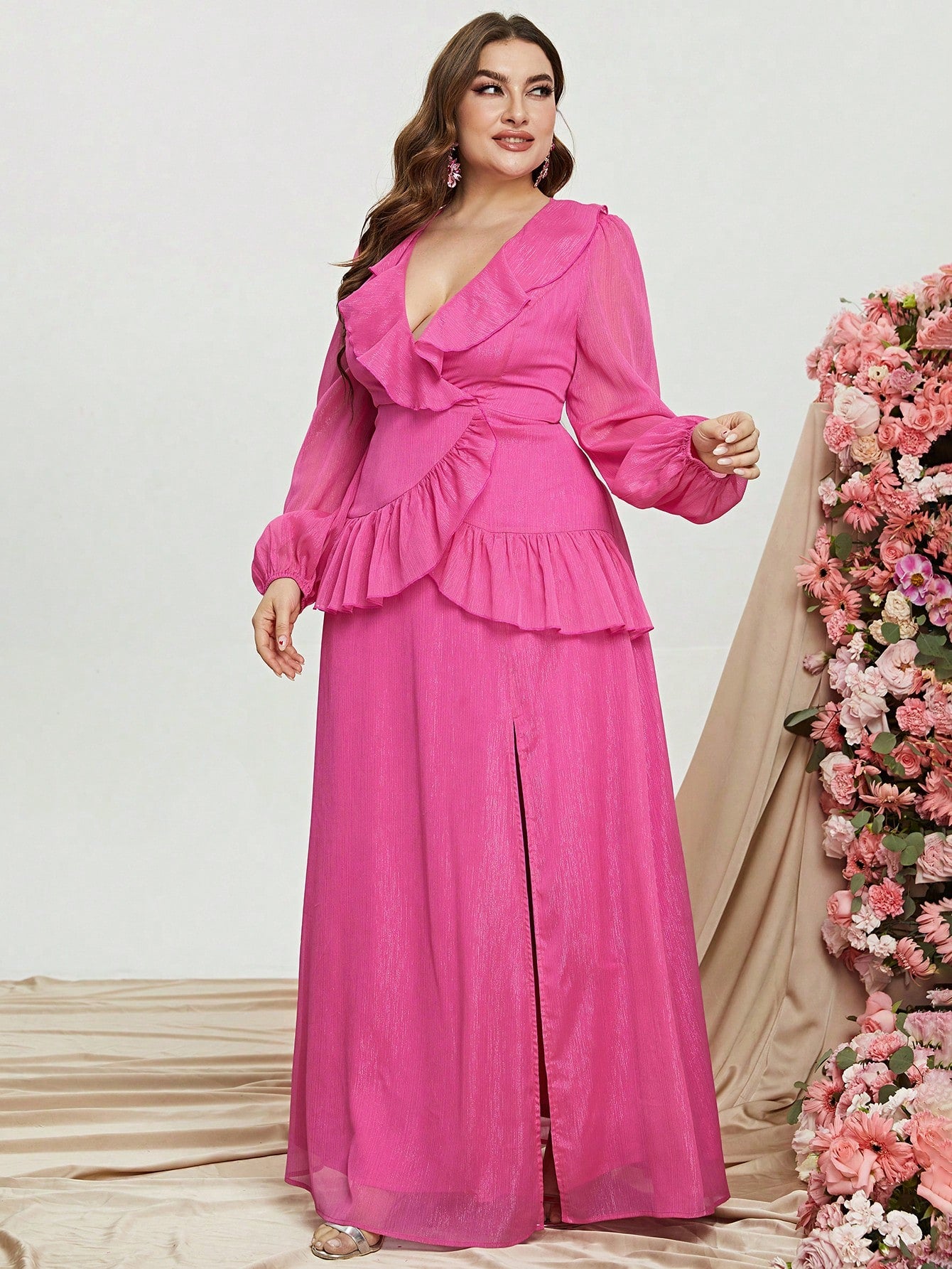 Plus Ruffle Trim V Neck Lantern Sleeve Chiffon Dress