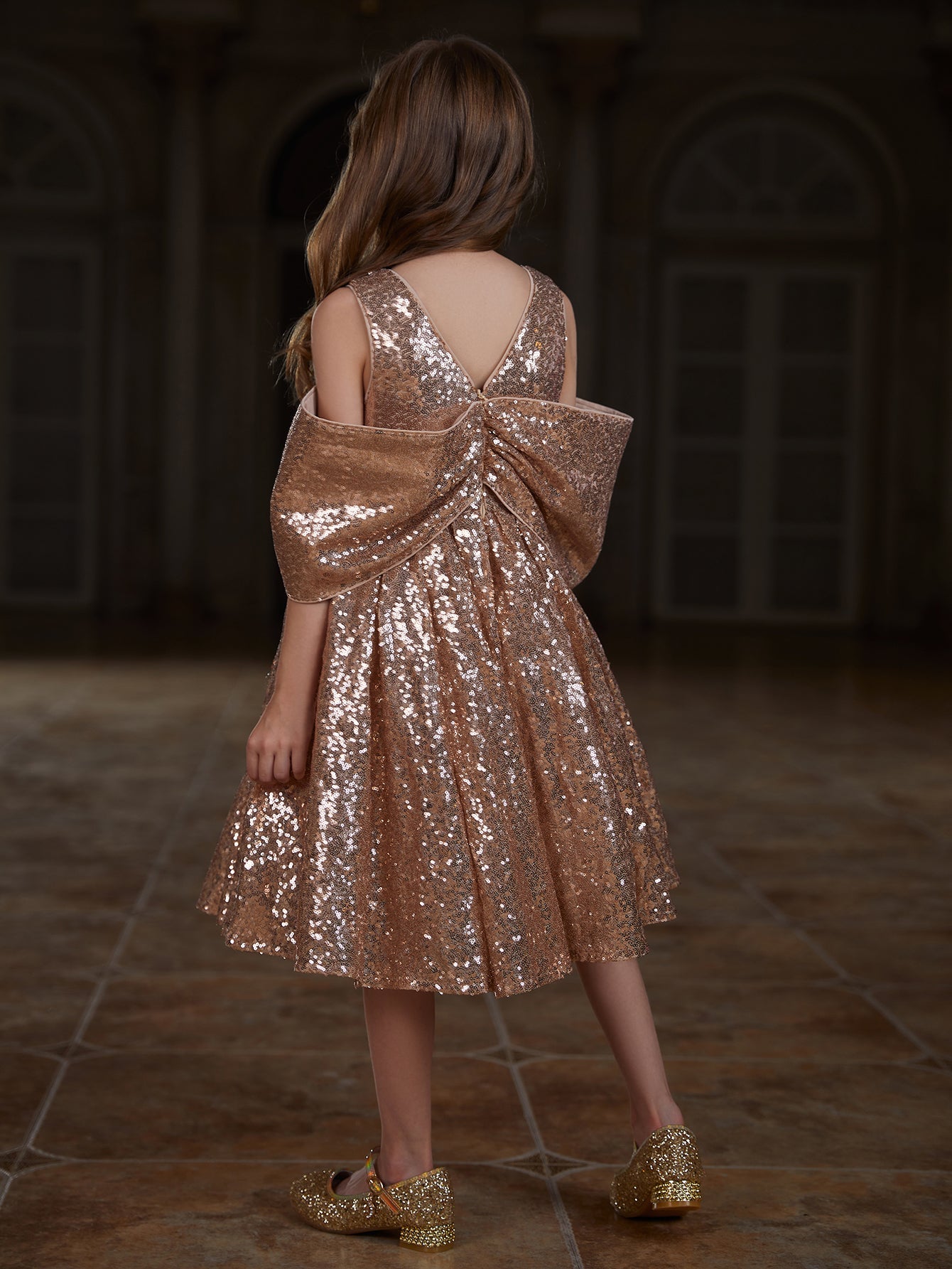 Girl's Bow Detail Sequin Midi Dress