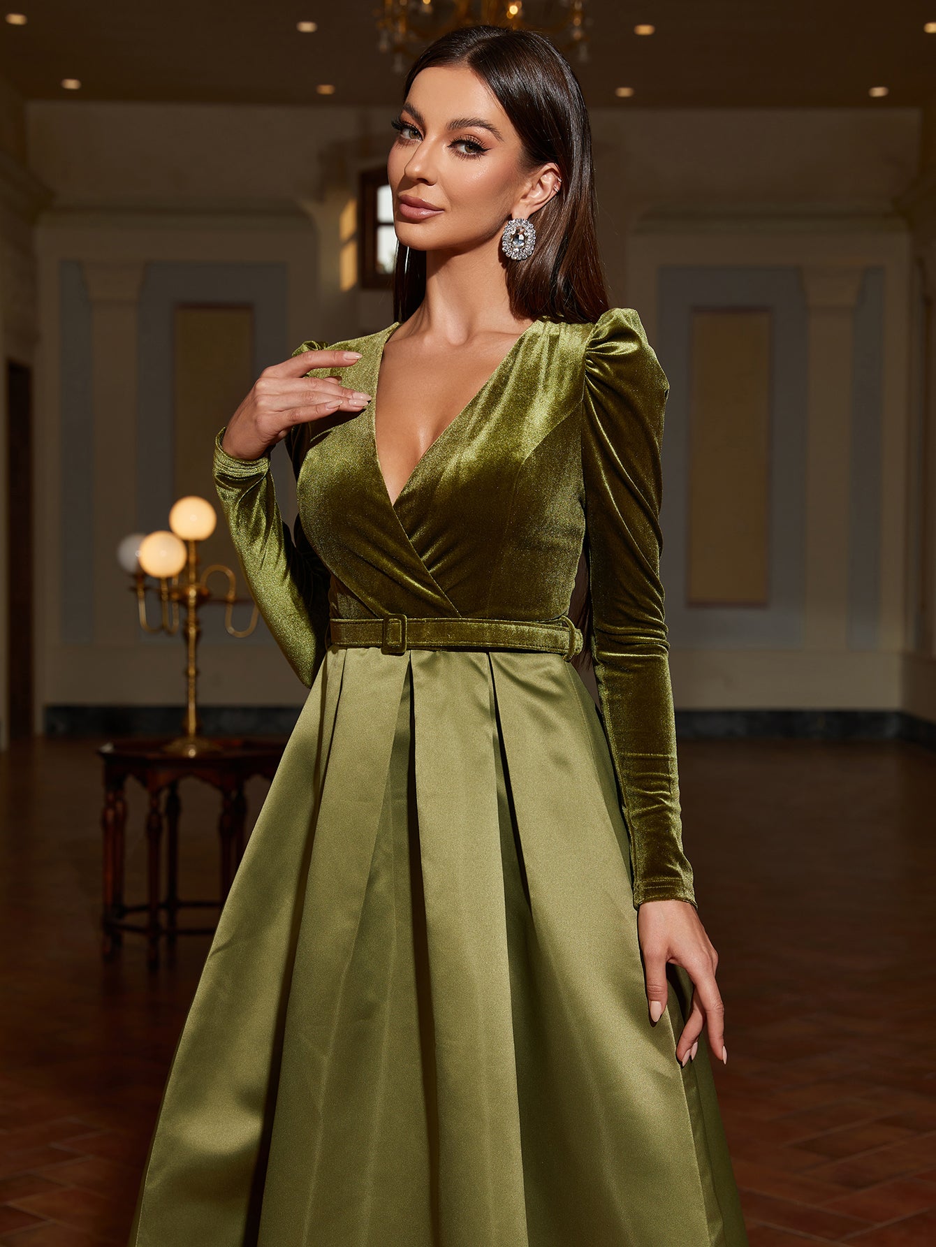 Surplice Neck Long Sleeves Belted Satin A Line Dress