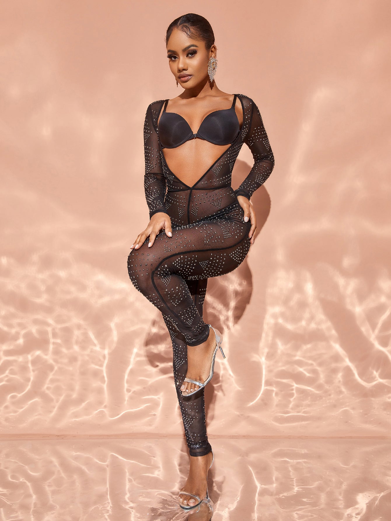 Rhinestone Detail Plunging Neck Jumpsuit