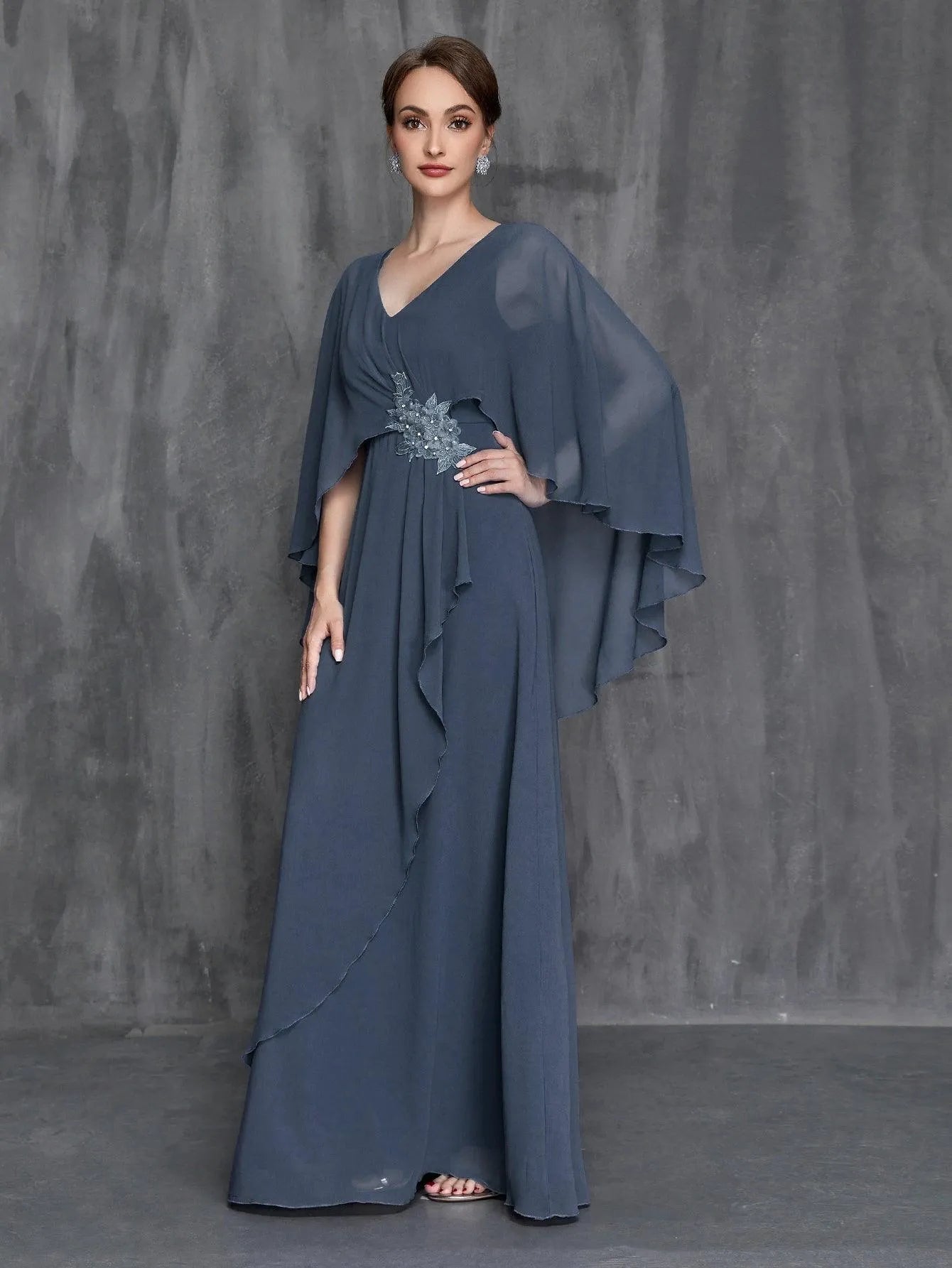 Womens' Applique Detail Chiffon Cape Dress