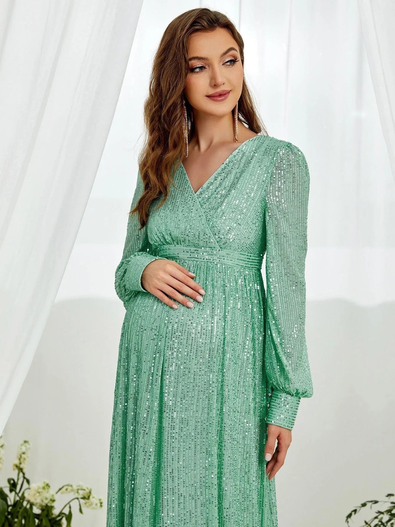 Maternity V Neck Lantern Sleeve Sequin Formal Dress