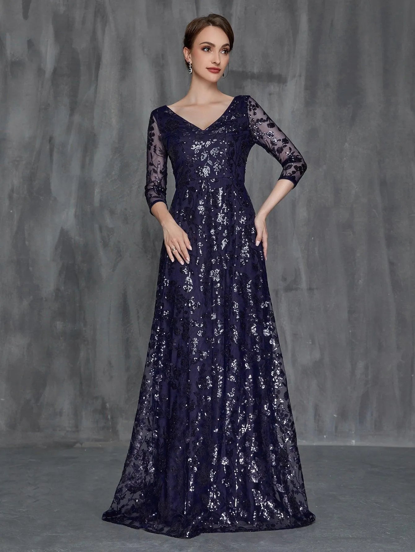 Womens' 3/4 Sleeves Floral Sequin Pattern Formal Dress