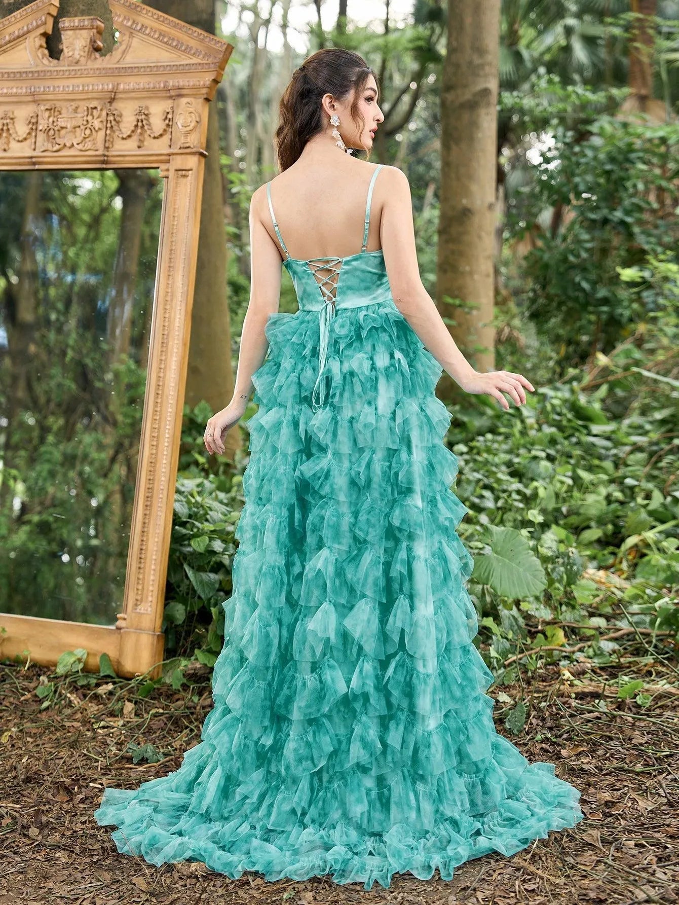 Elegant Plunging Neck Ruffle Layered Hem Floral Tulle Slip Prom Dress