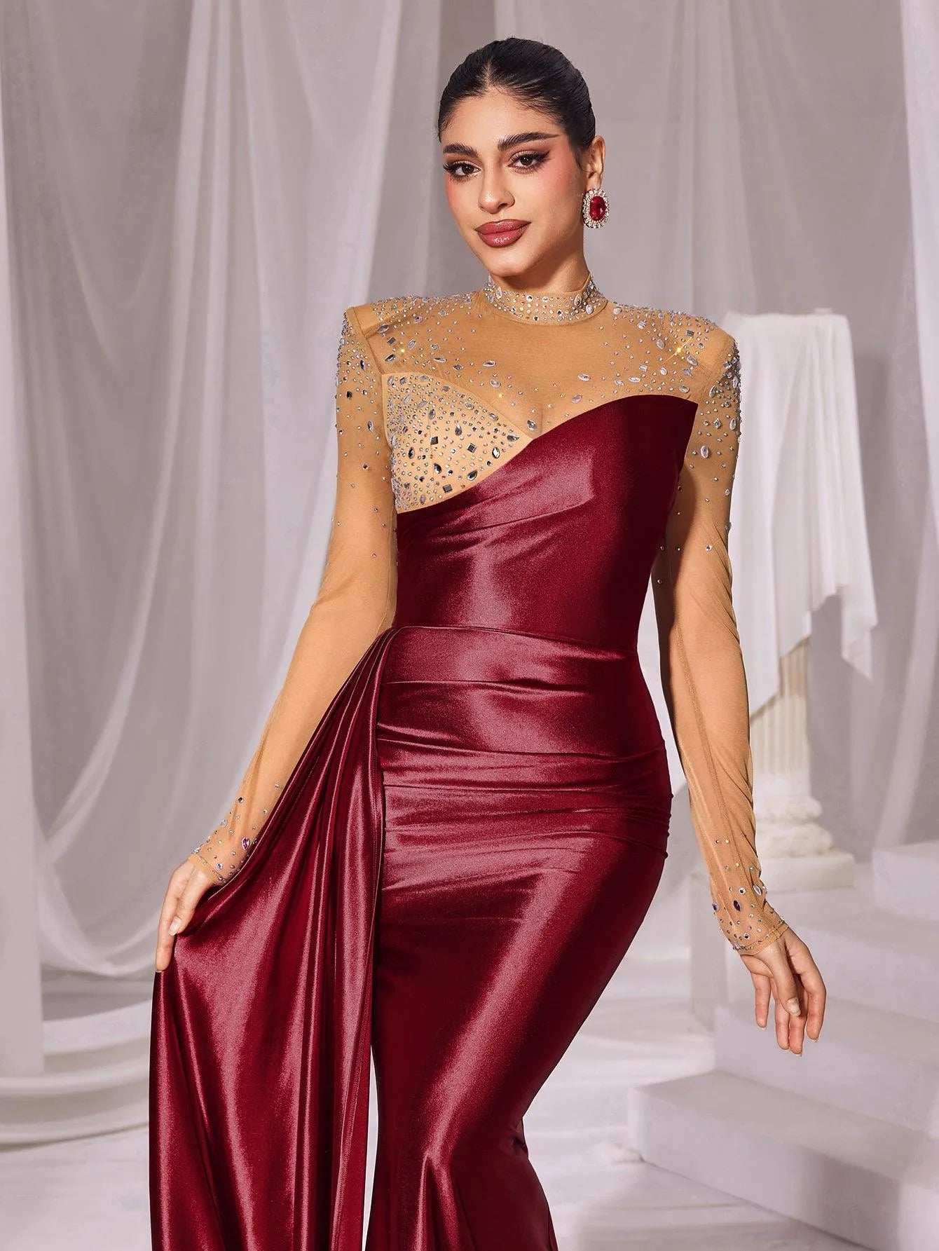 Rhinestone Detail Mock Neck Satin Mermaid Prom Dress