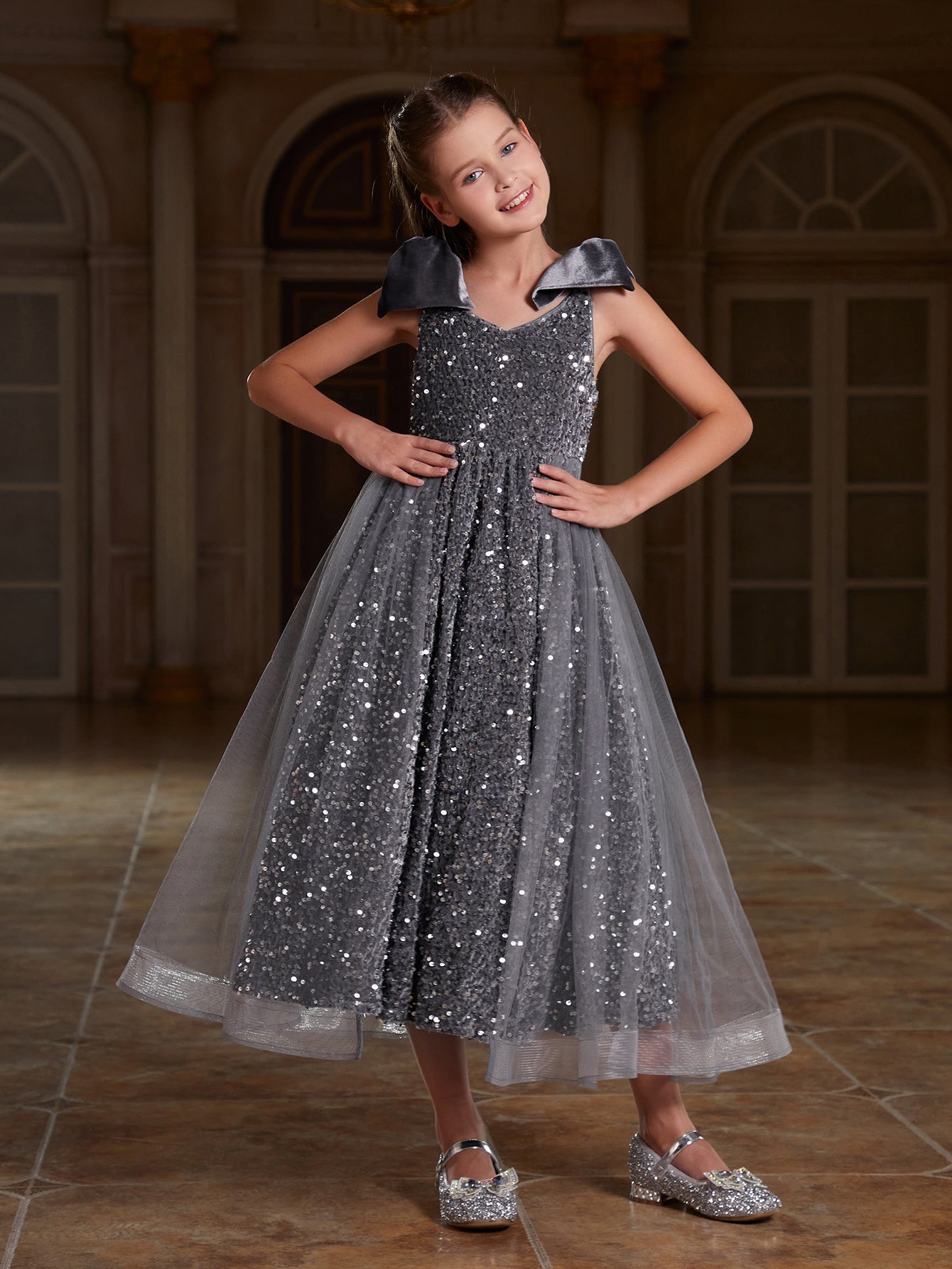 Girl's Tie Shoulder Contrast Mesh Sequin Dress