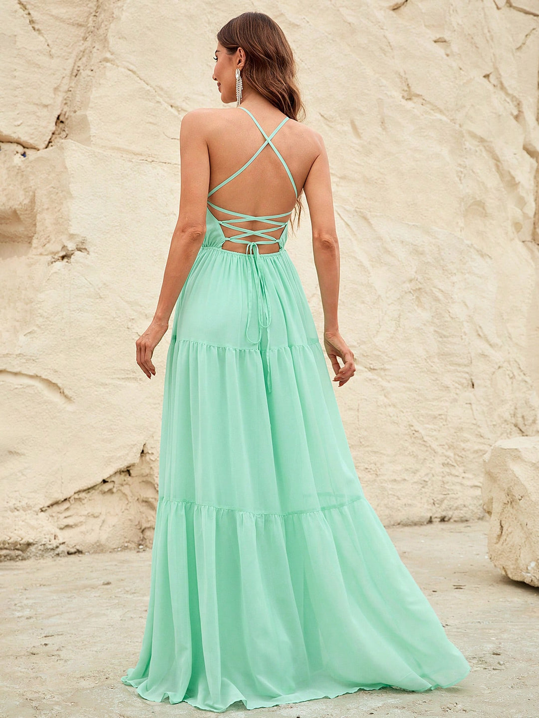 Back Lace Up Chiffon Tiered Maxi Dress