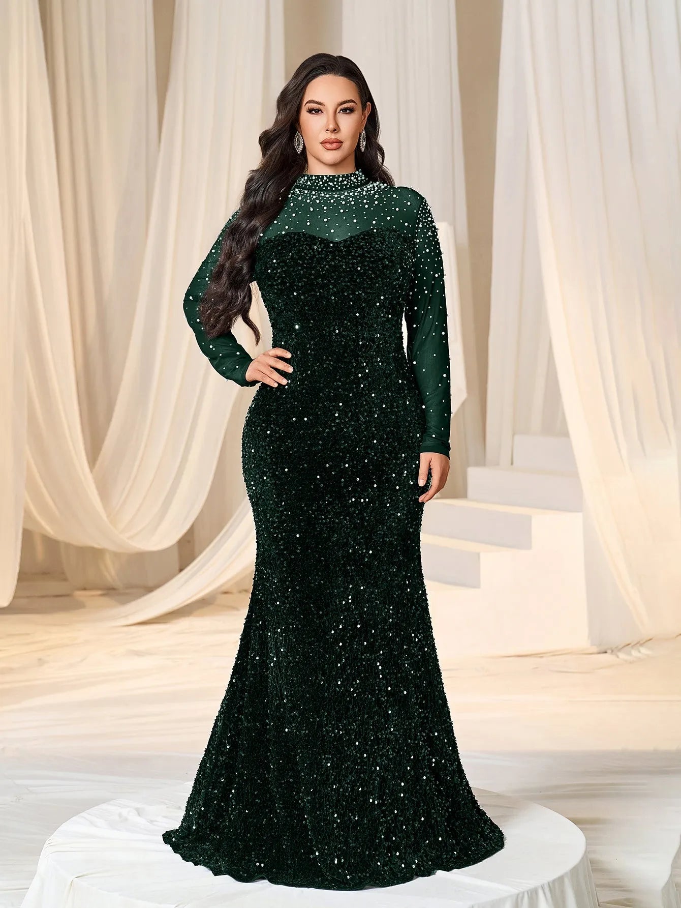 Plus Pearl Decor Mock Neck Sequin Mermaid Dress