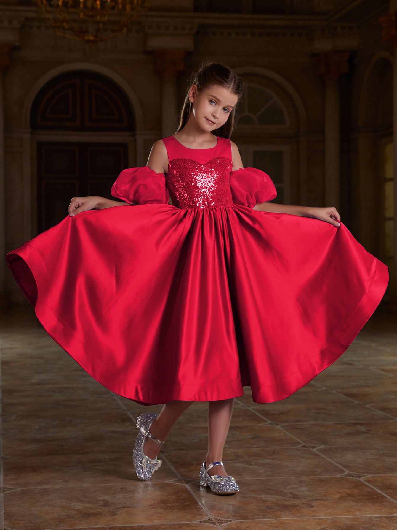 Girl's Puff Sleeve Sequin Contrast Satin Dress