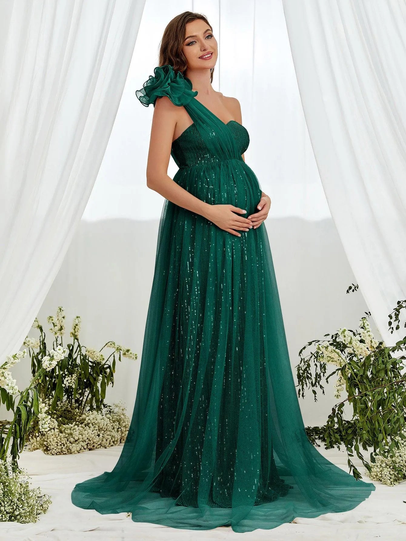 Maternity One Shoulder Contrast Mesh Sequin Formal Dress