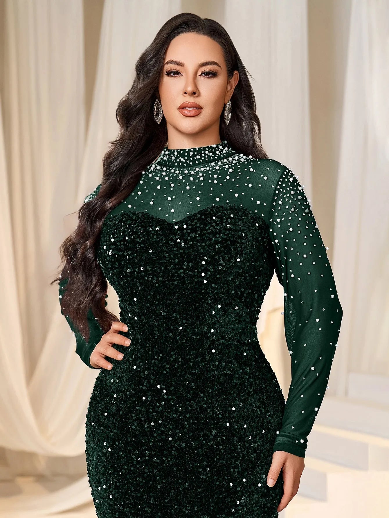 Plus Pearl Decor Mock Neck Sequin Mermaid Dress