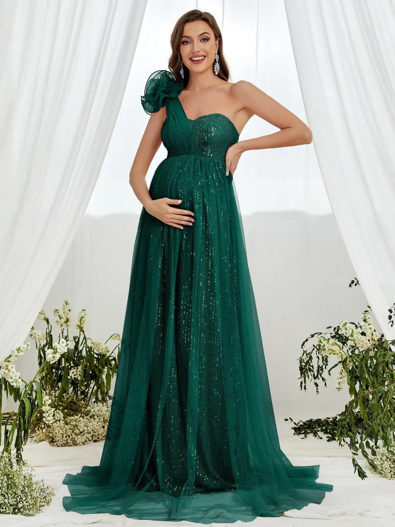 Maternity One Shoulder Contrast Mesh Sequin Formal Dress