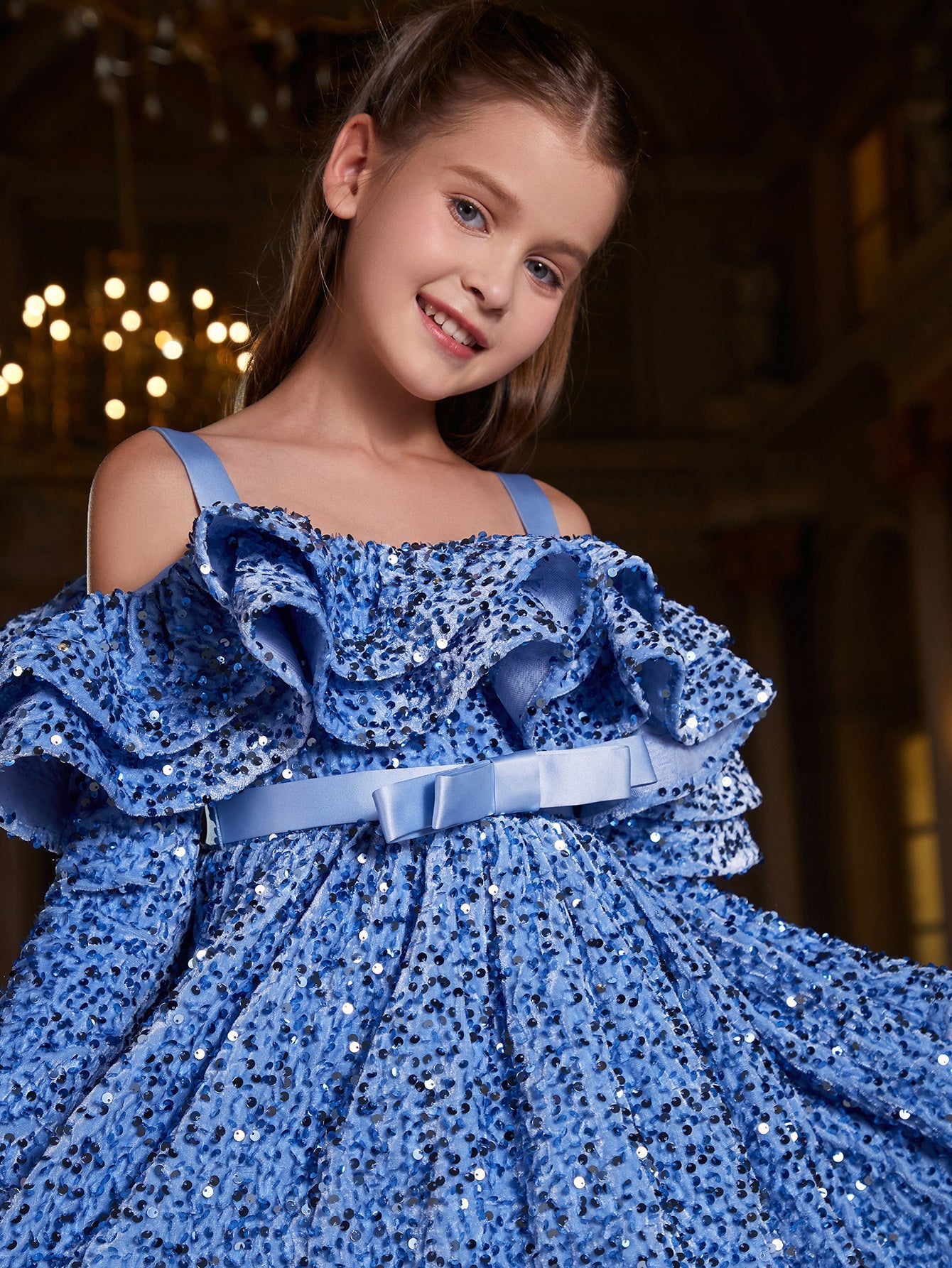 Girl's Off Shoulder Layered Ruffle Trim Sequin Party Dress