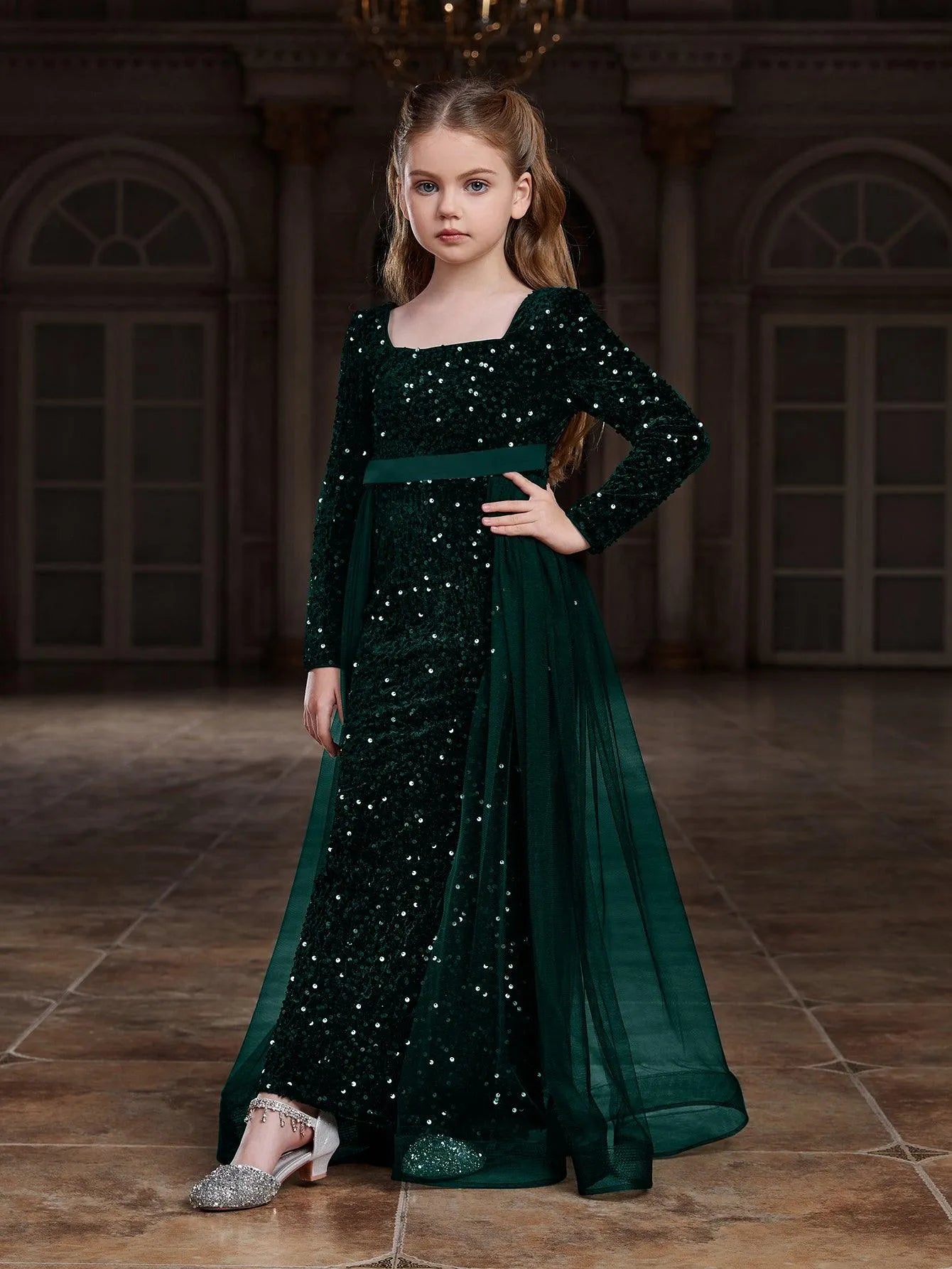 Tween Girls' Square Collar Long Sleeves Sequin Mermaid Dress