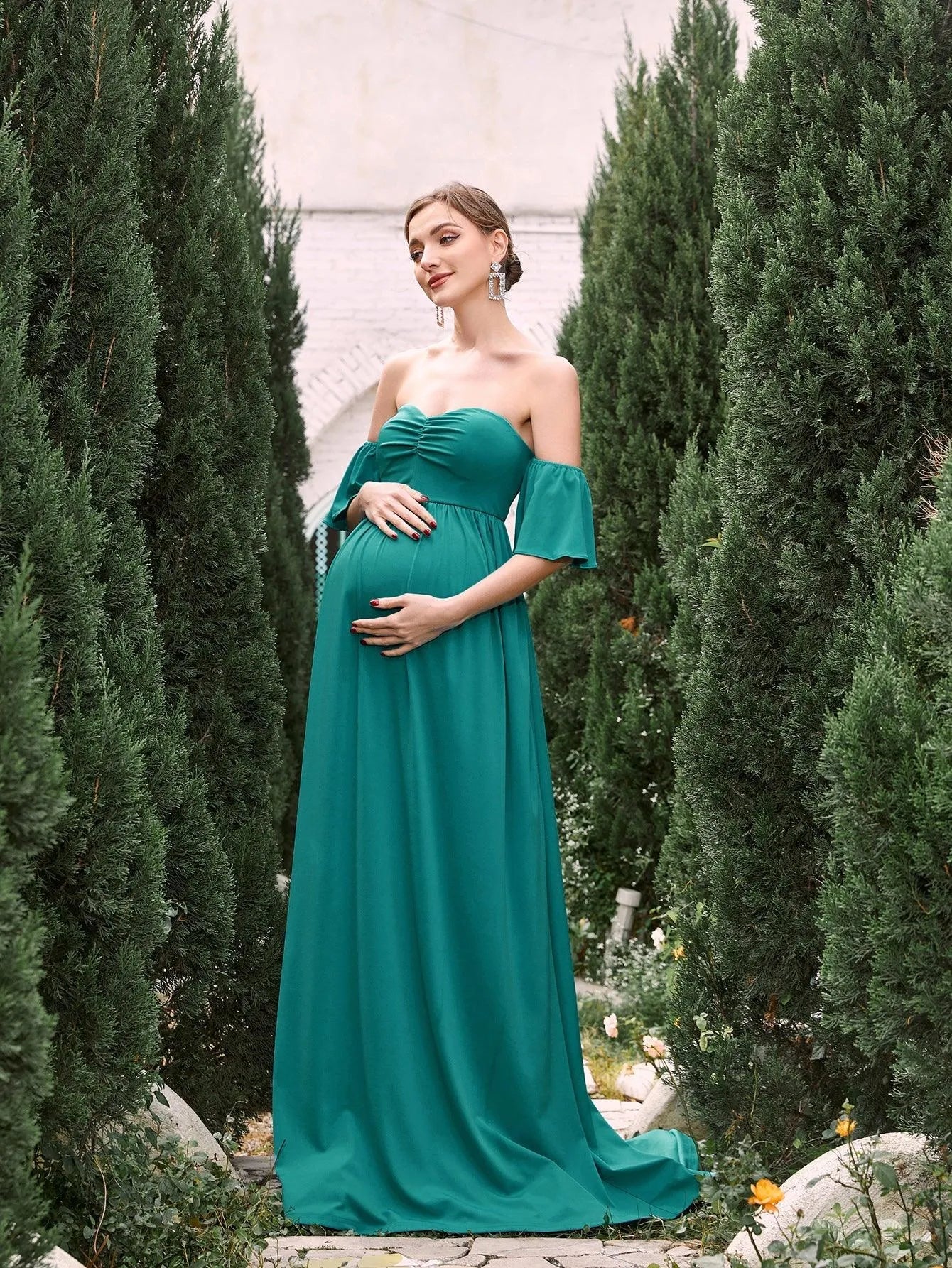 Maternity Off Shoulder Flared Sleeves Maxi Prom Dress