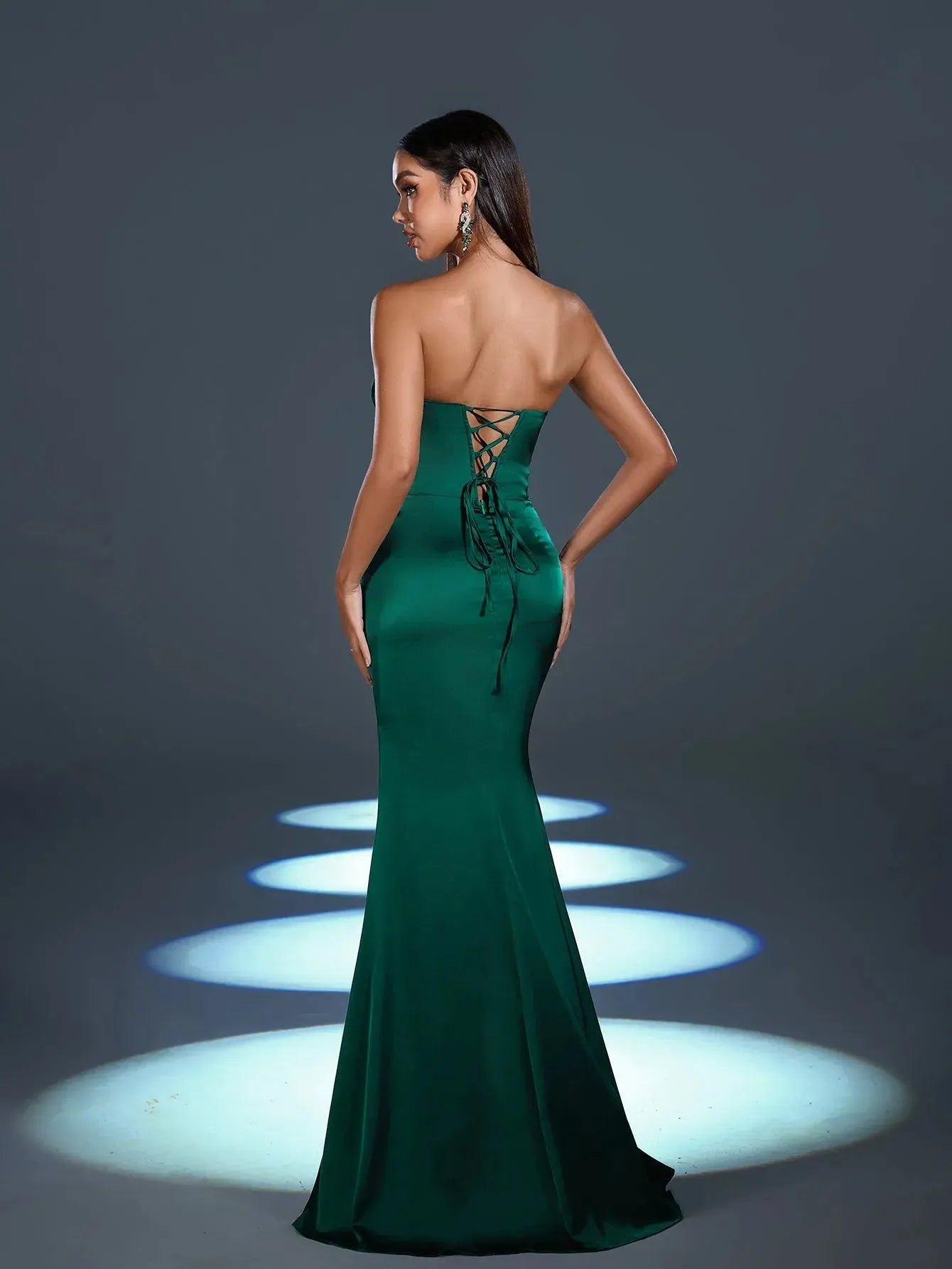 Elegant Strapless Contrast Sequin Split Thigh Satin Mermaid Party Dress