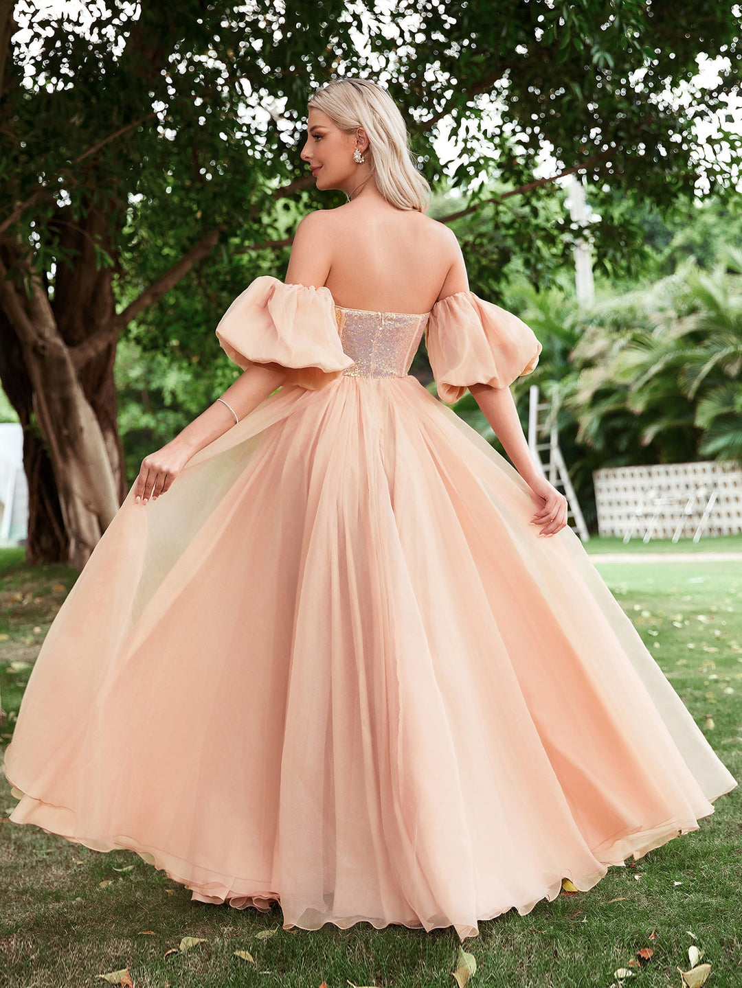 Off Shoulder Lantern Sleeve Sequin Bodice Contrast Organza Hem Dress