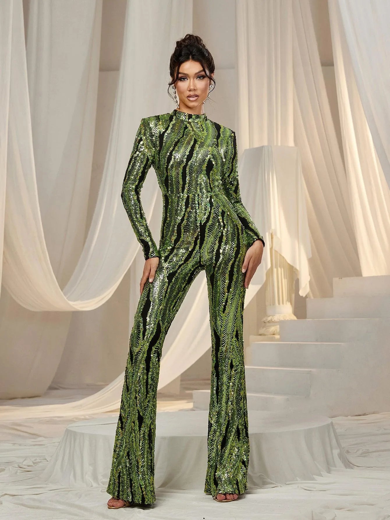 Elegant Mock Neck Long Sleeves Graphic Sequin Jumpsuit