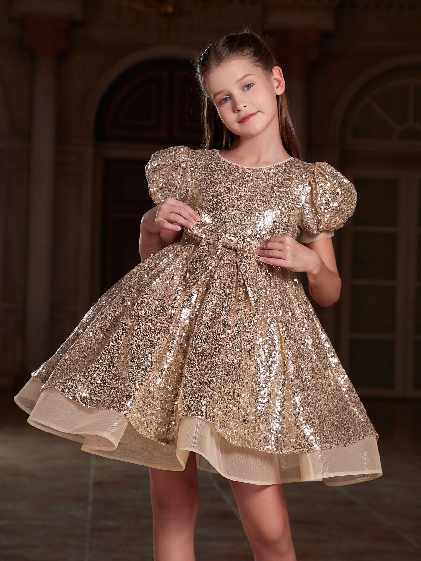 Girl's Cute Bow Front Puff Sleeve Sequin Party Dress