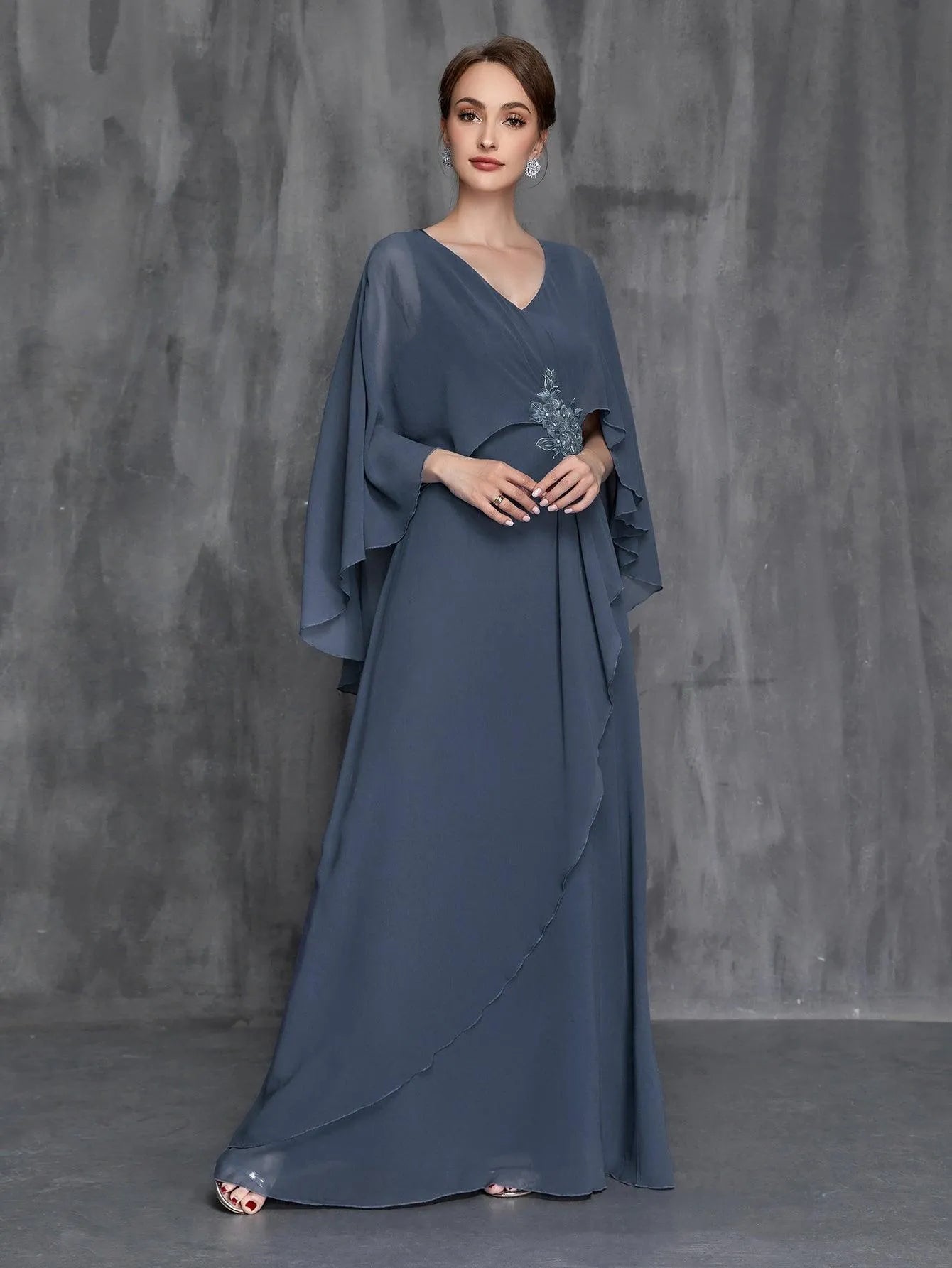 Womens' Applique Detail Chiffon Cape Dress