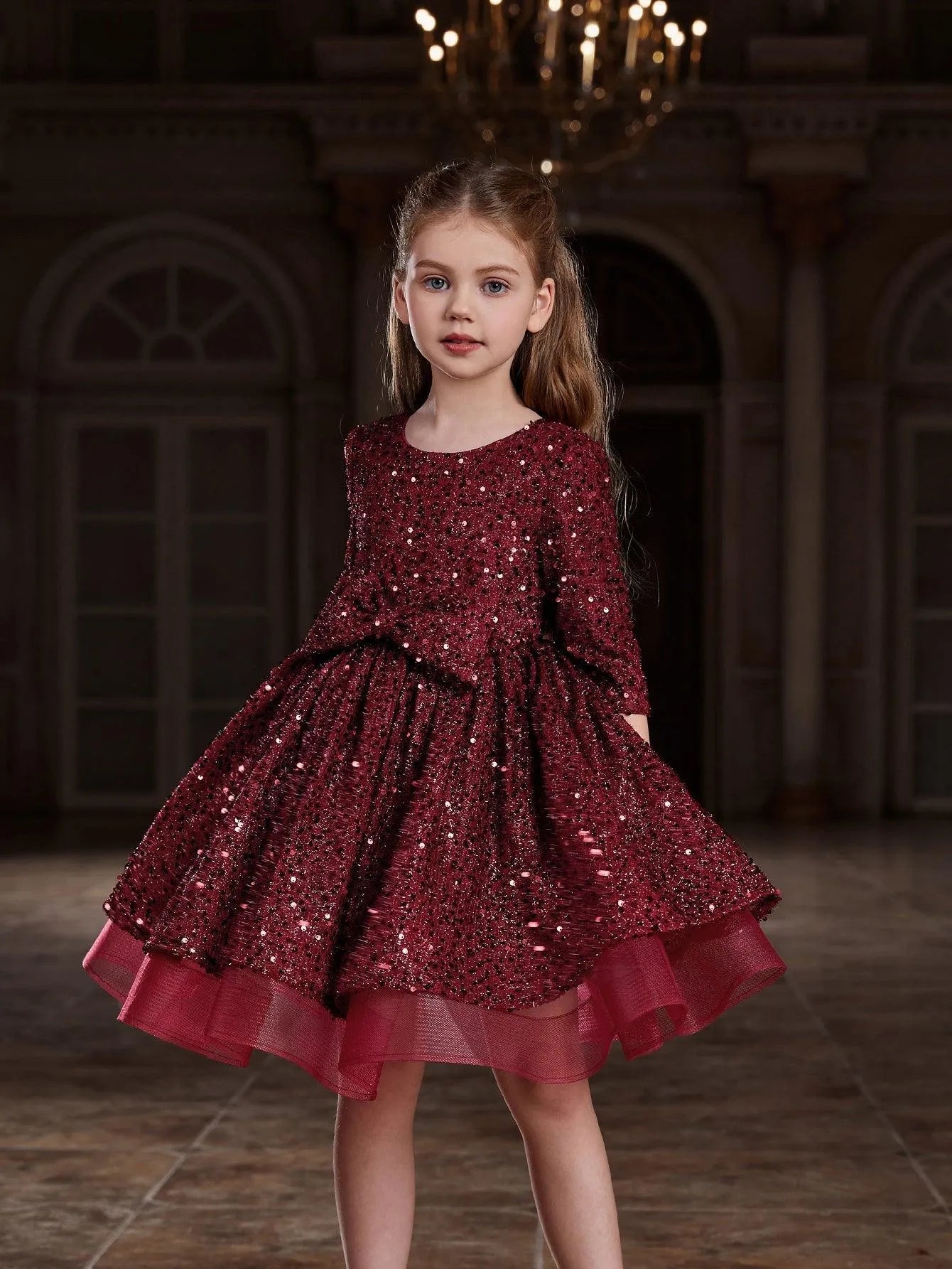 Tween Girls' Bow Detail 3/4 Sleeve Sequin Party Dress