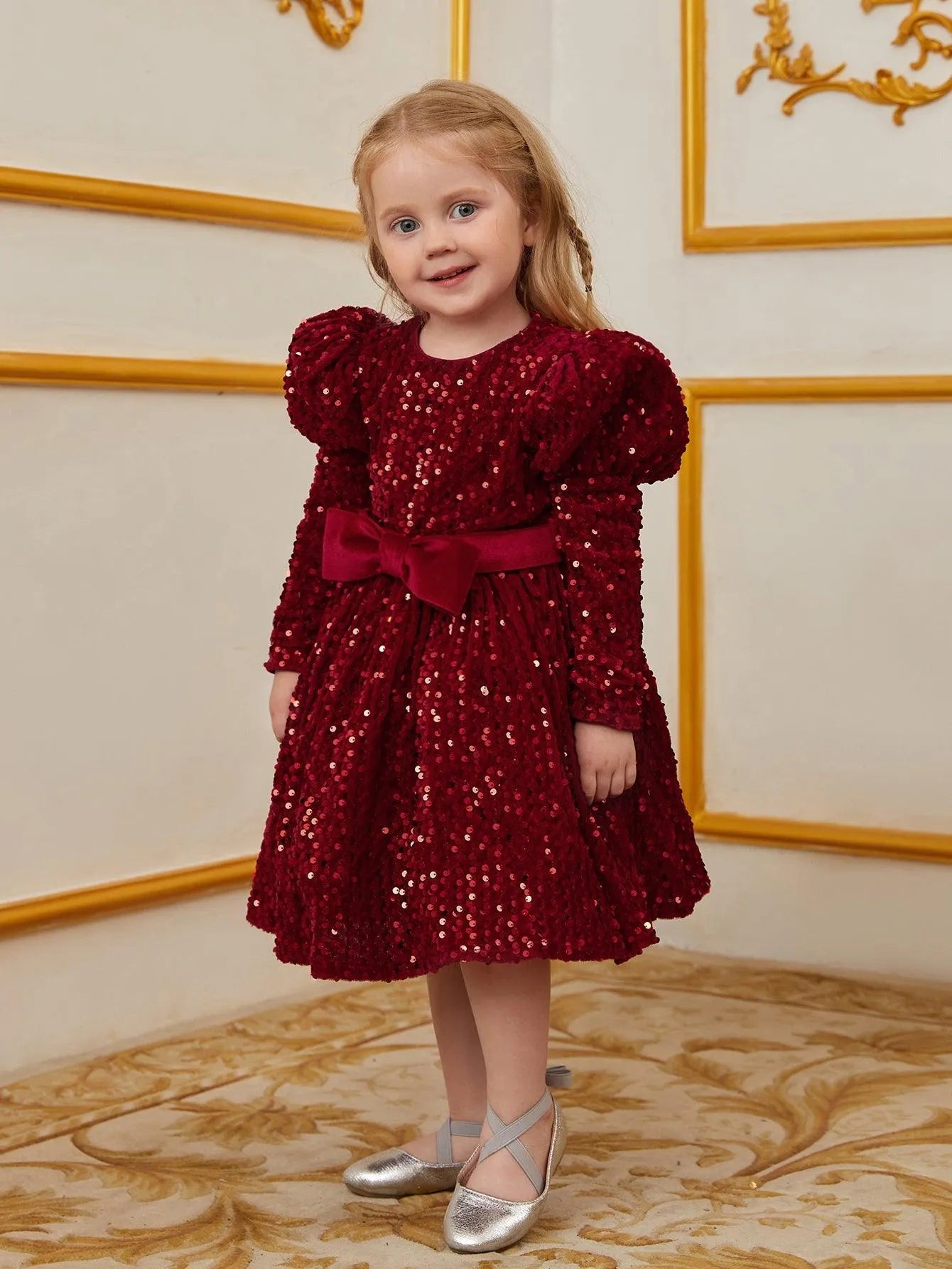 Young Girls' Gigot Sleeve Bow Decor Sequin Midi Dress