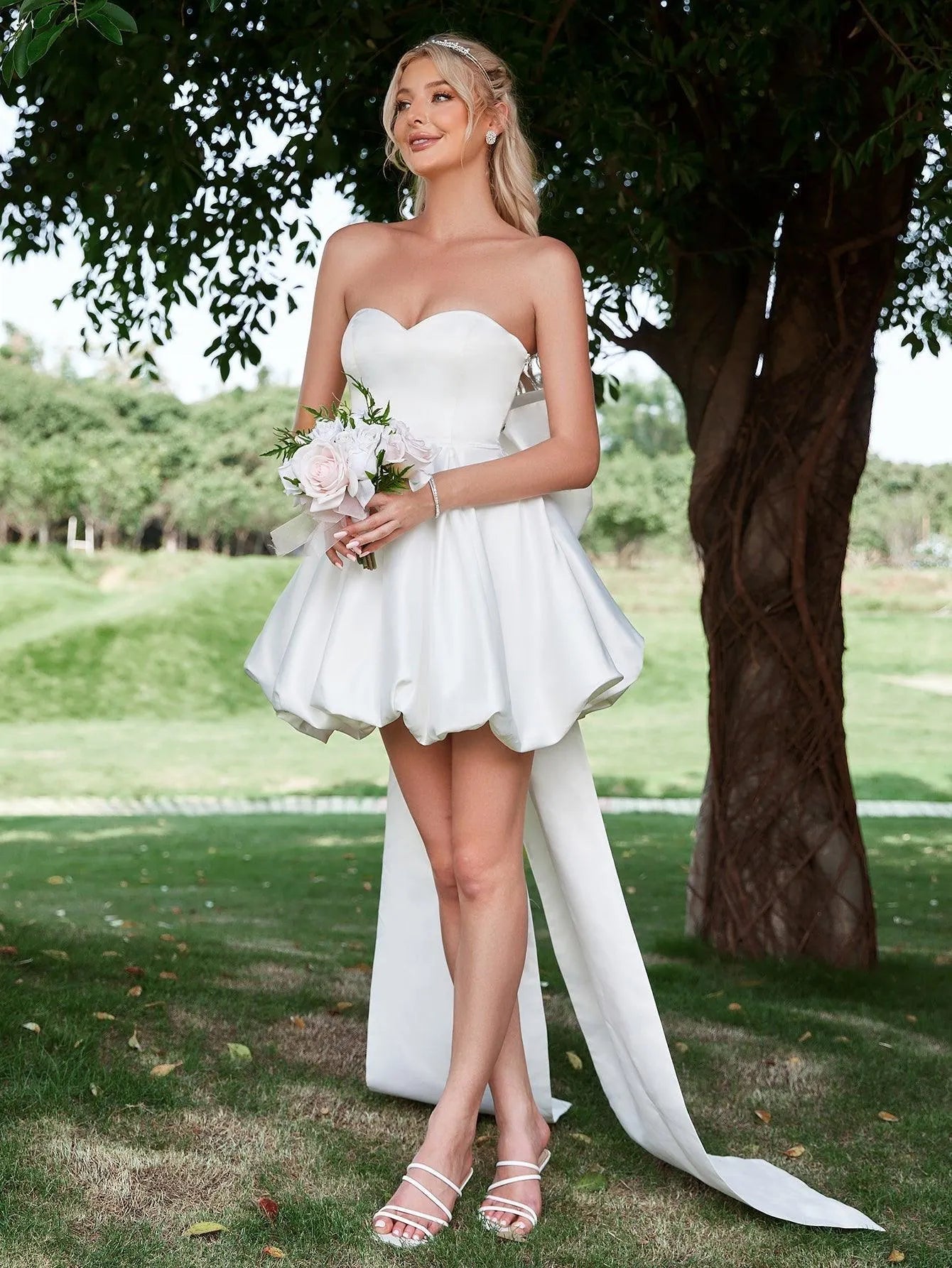 Balloon Hem Satin Tube Wedding Dress With Big Bow