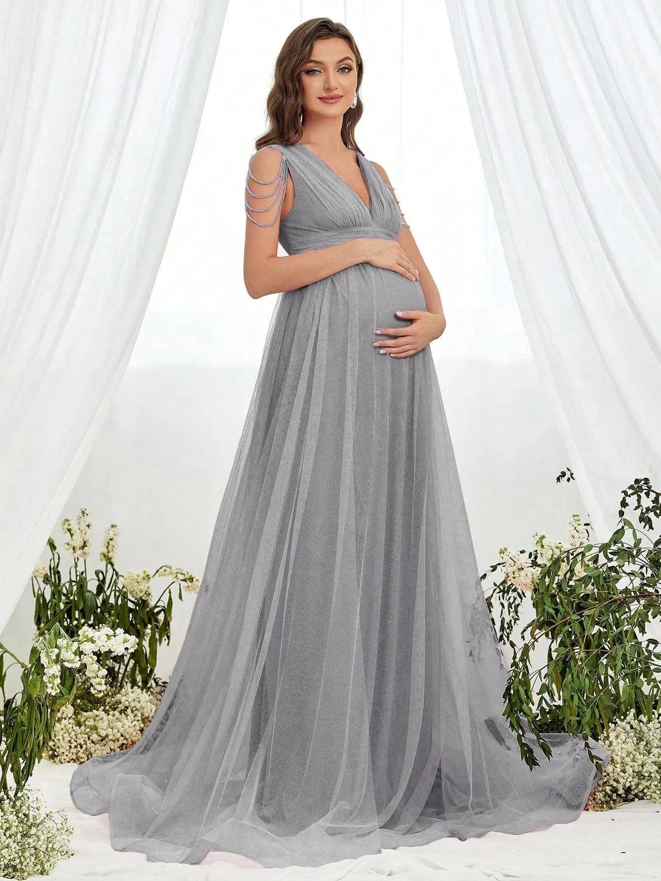 Maternity Chain Detail Plunging Neck Mesh Formal Dress