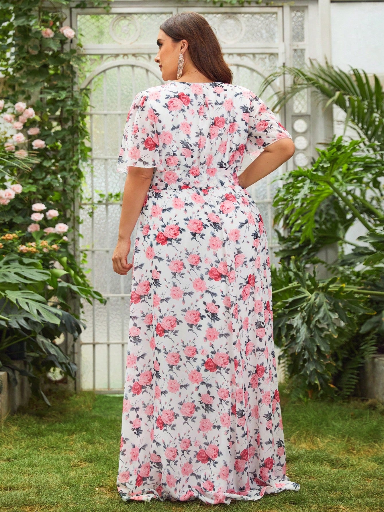 Plus Surplice Neck Floral Print Belted Dress