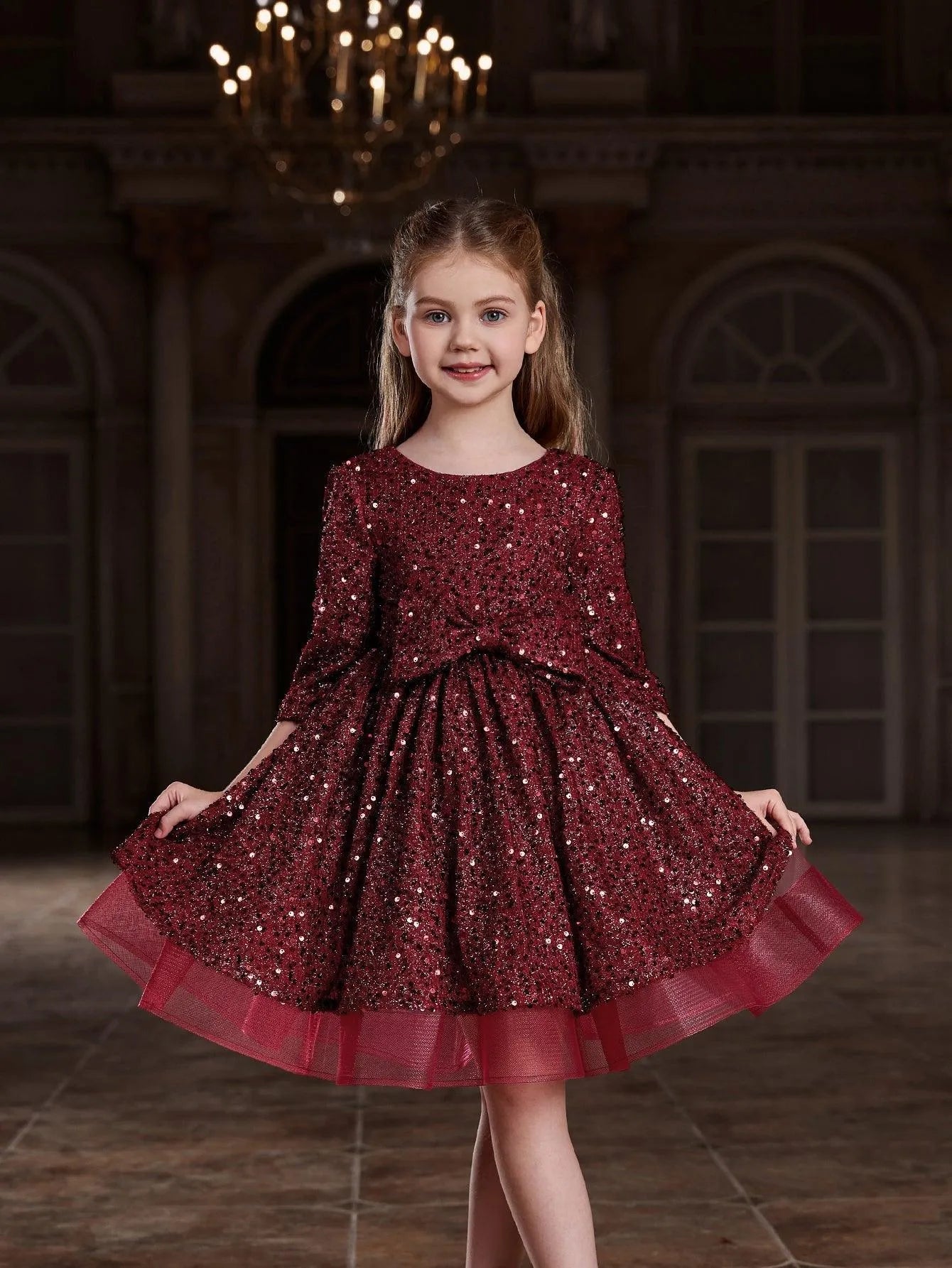 Tween Girls' Bow Detail 3/4 Sleeve Sequin Party Dress